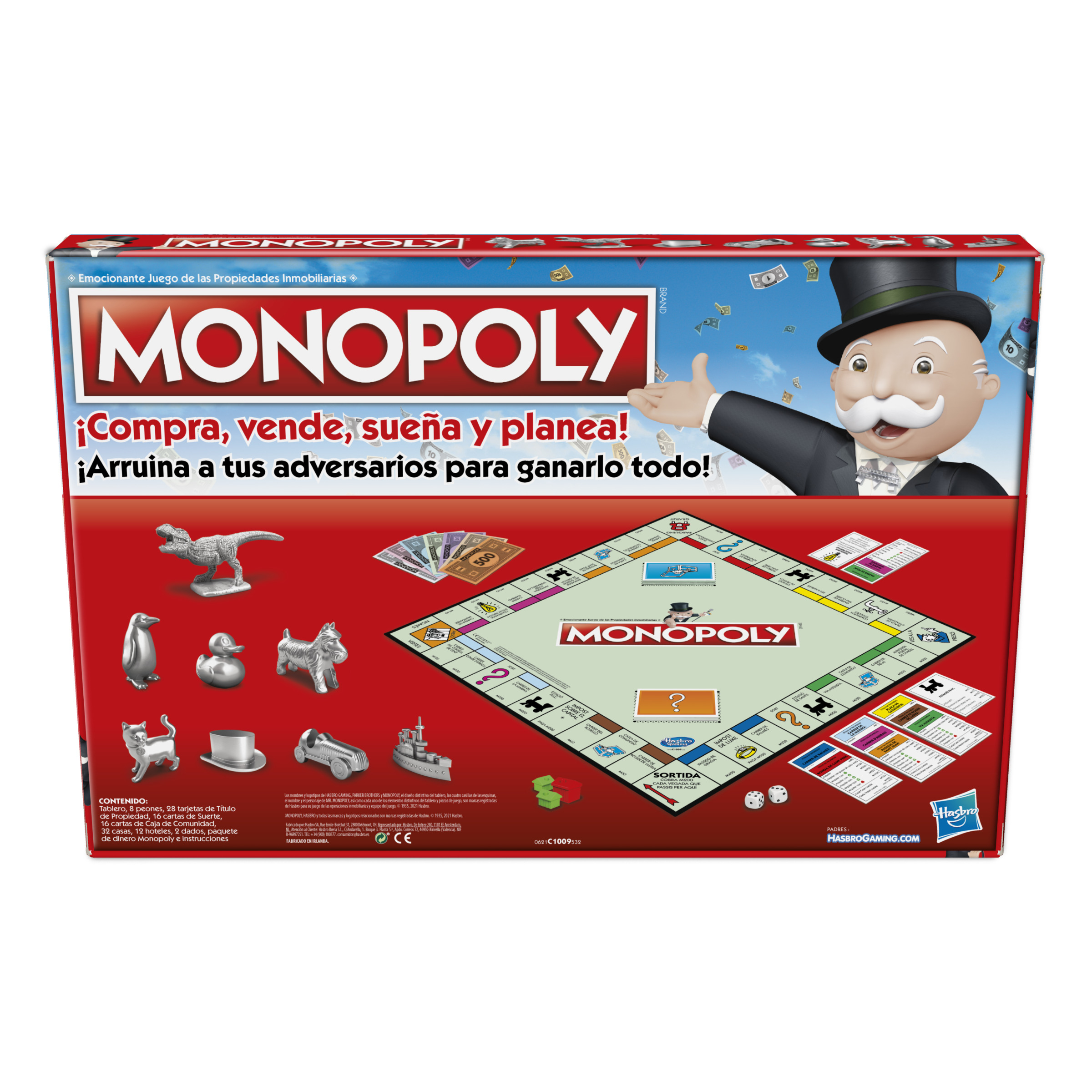 Caja del juego de mesa Monopoly. Fondo rojo con el hombre Monopoly, dados y piezas del juego.