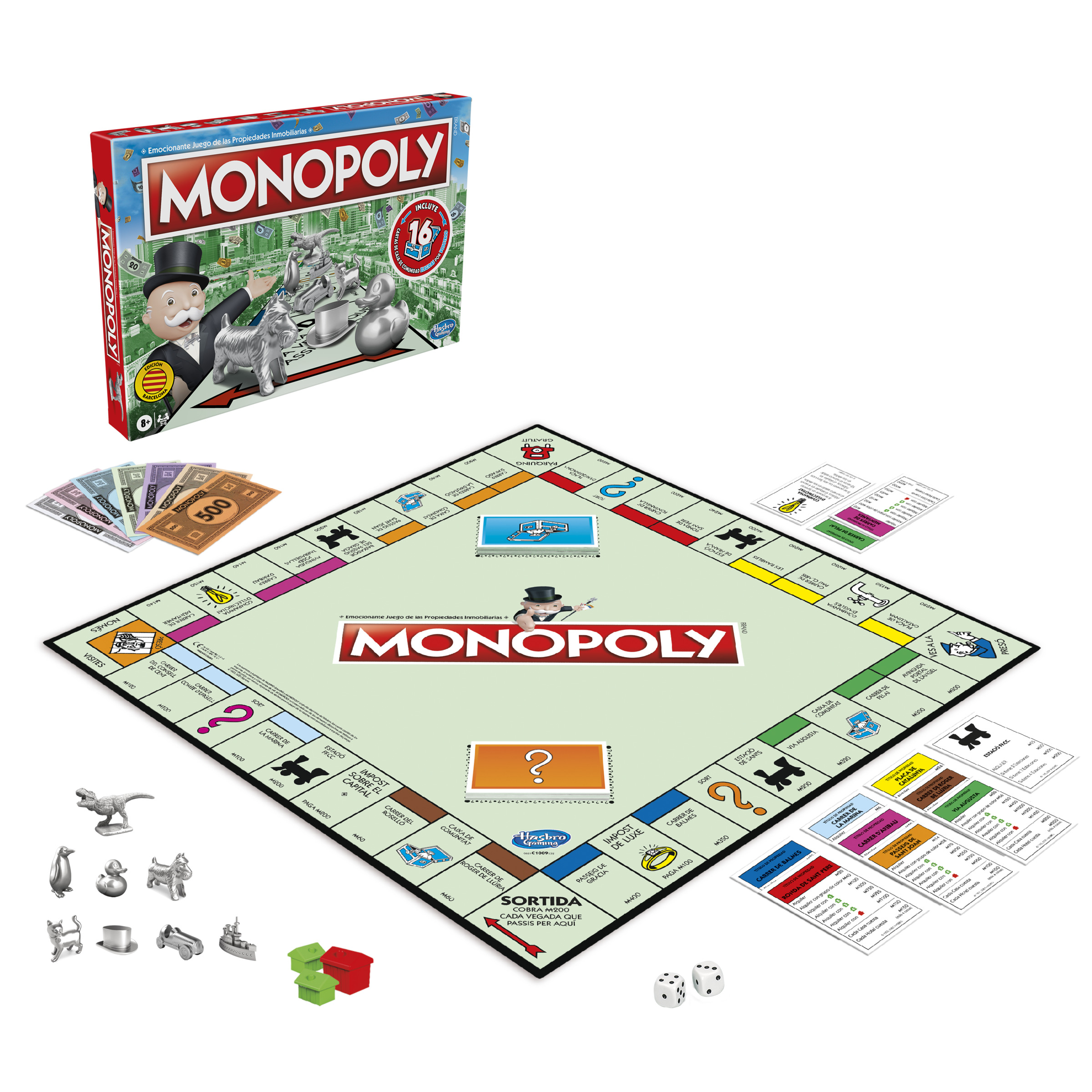 Juego de mesa Monopoly con tablero, dinero, casas, dados y fichas de jugador.