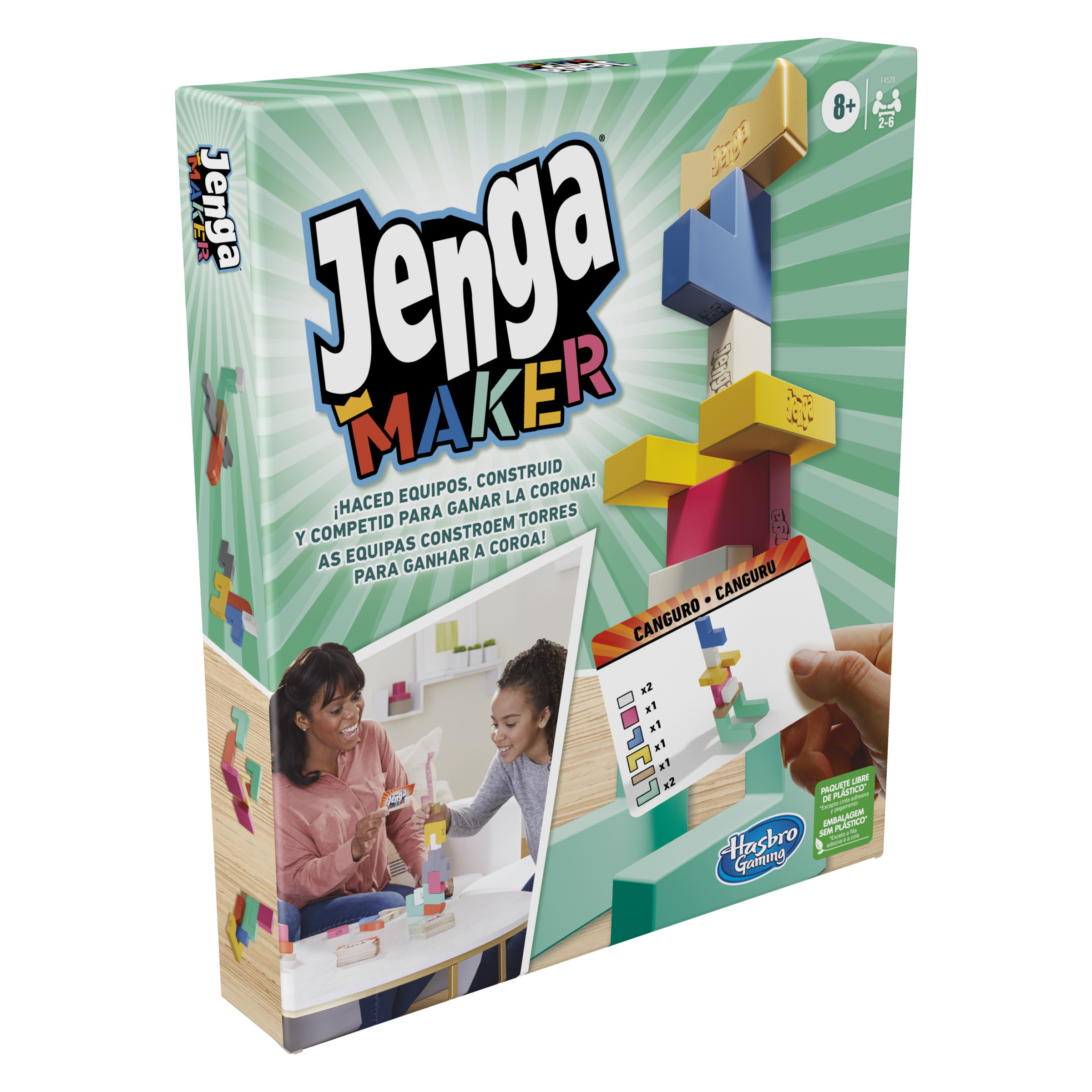 Caja del juego Jenga Maker con el juego en una caja. Dos chicas juegan.