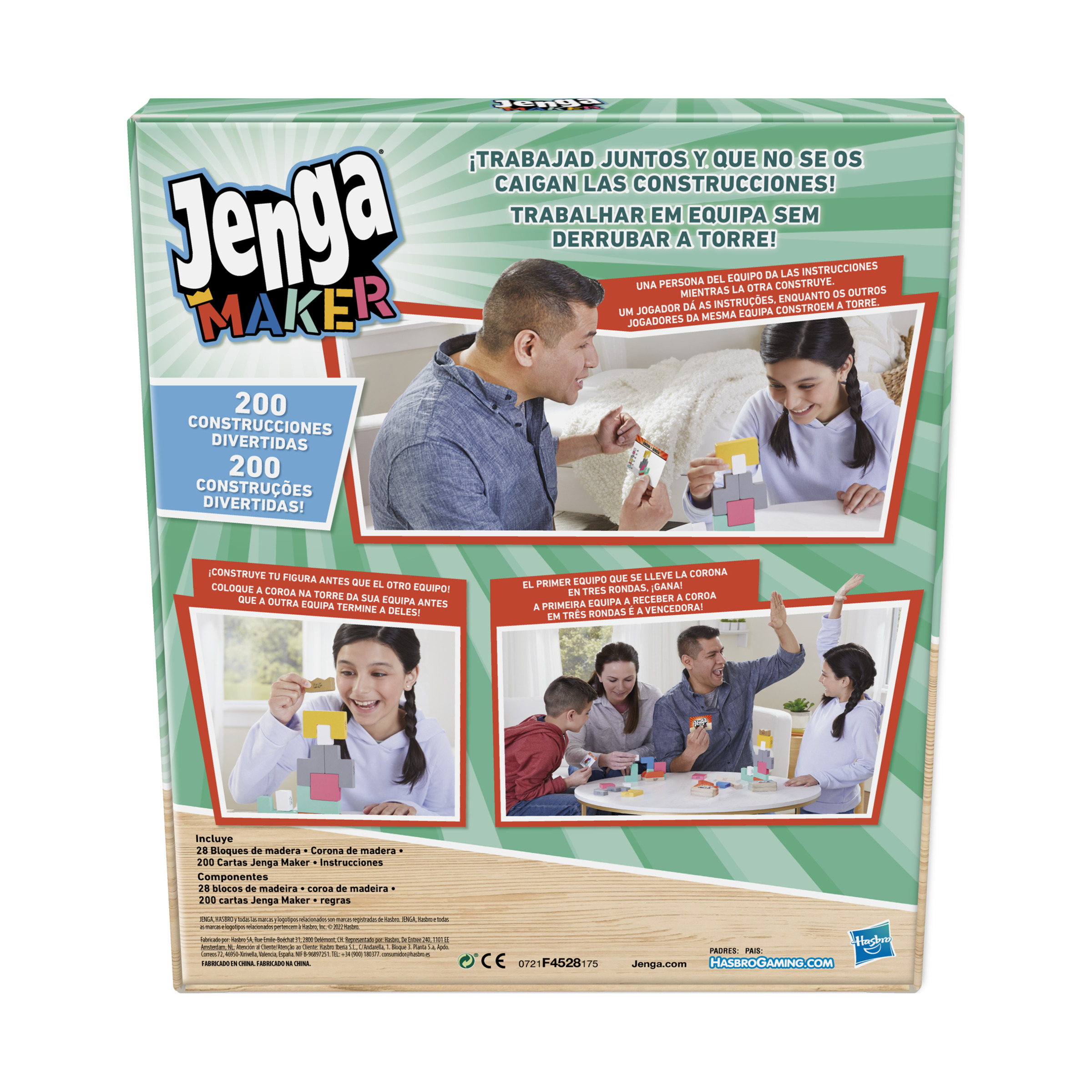 Caja del juego de mesa Jenga Maker. Muestra a personas jugando. Incluye bloques y cartas.