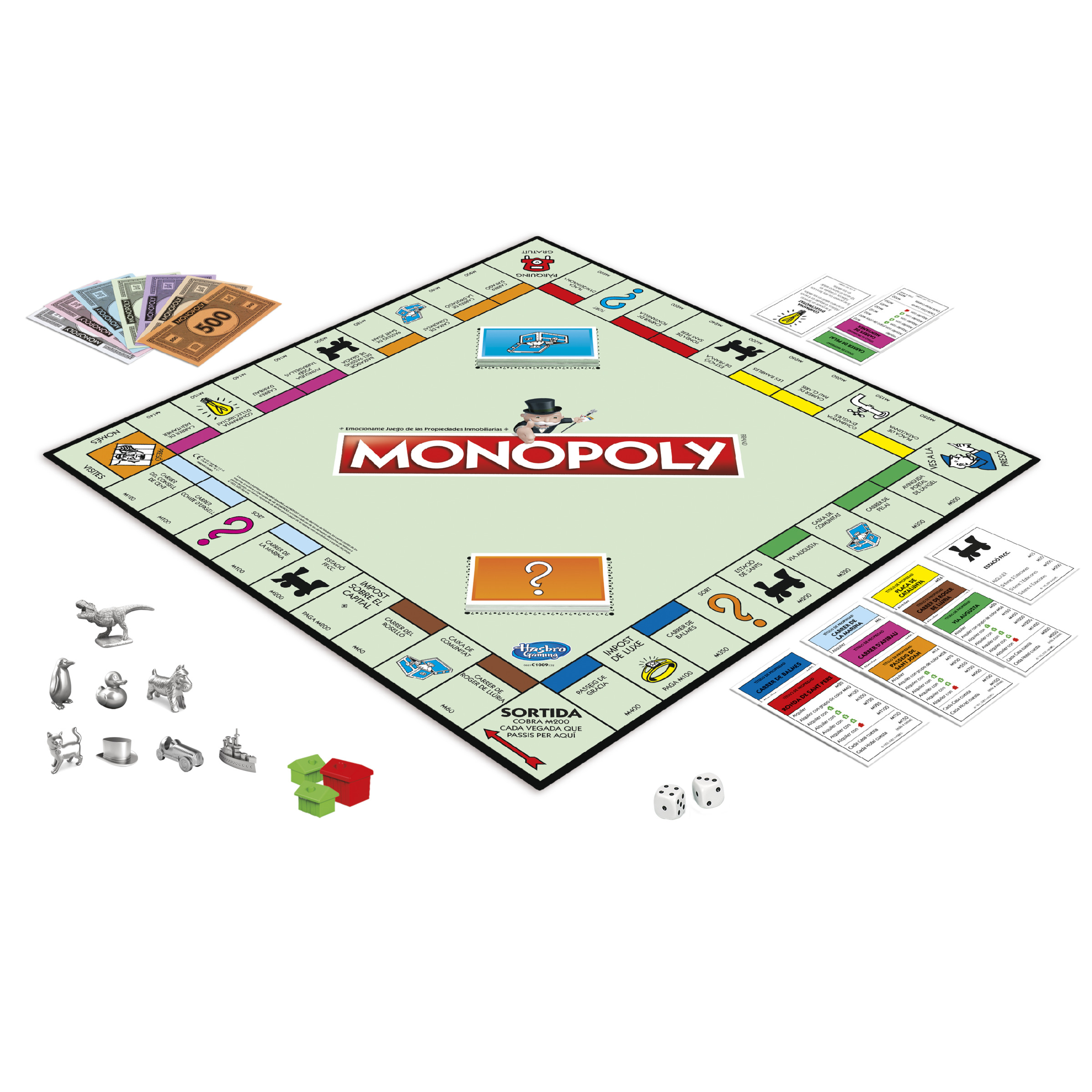 Juego de mesa Monopoly con piezas y cartas, sobre fondo blanco.