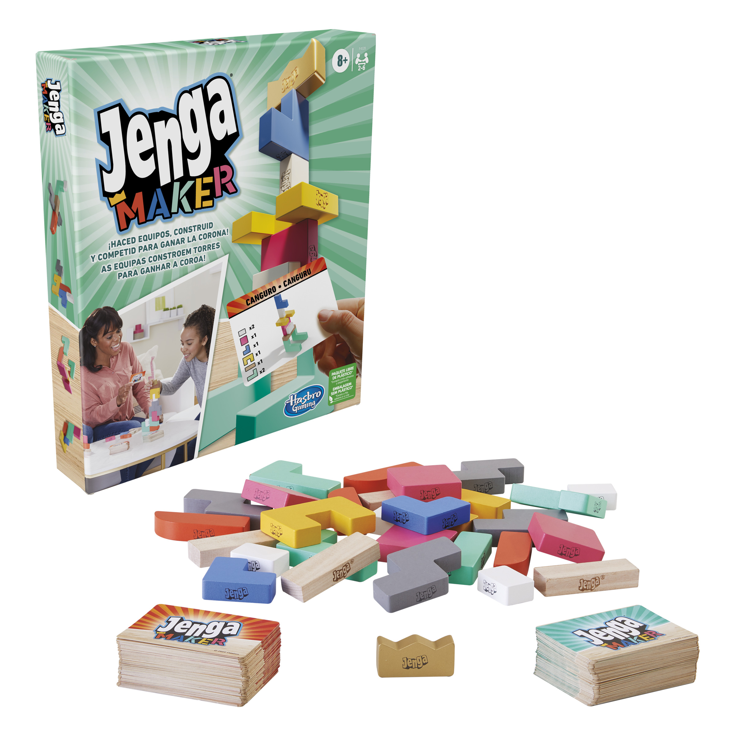 Caja y contenido del juego Jenga Maker: bloques, cartas y piezas. Incluye dos figuras.