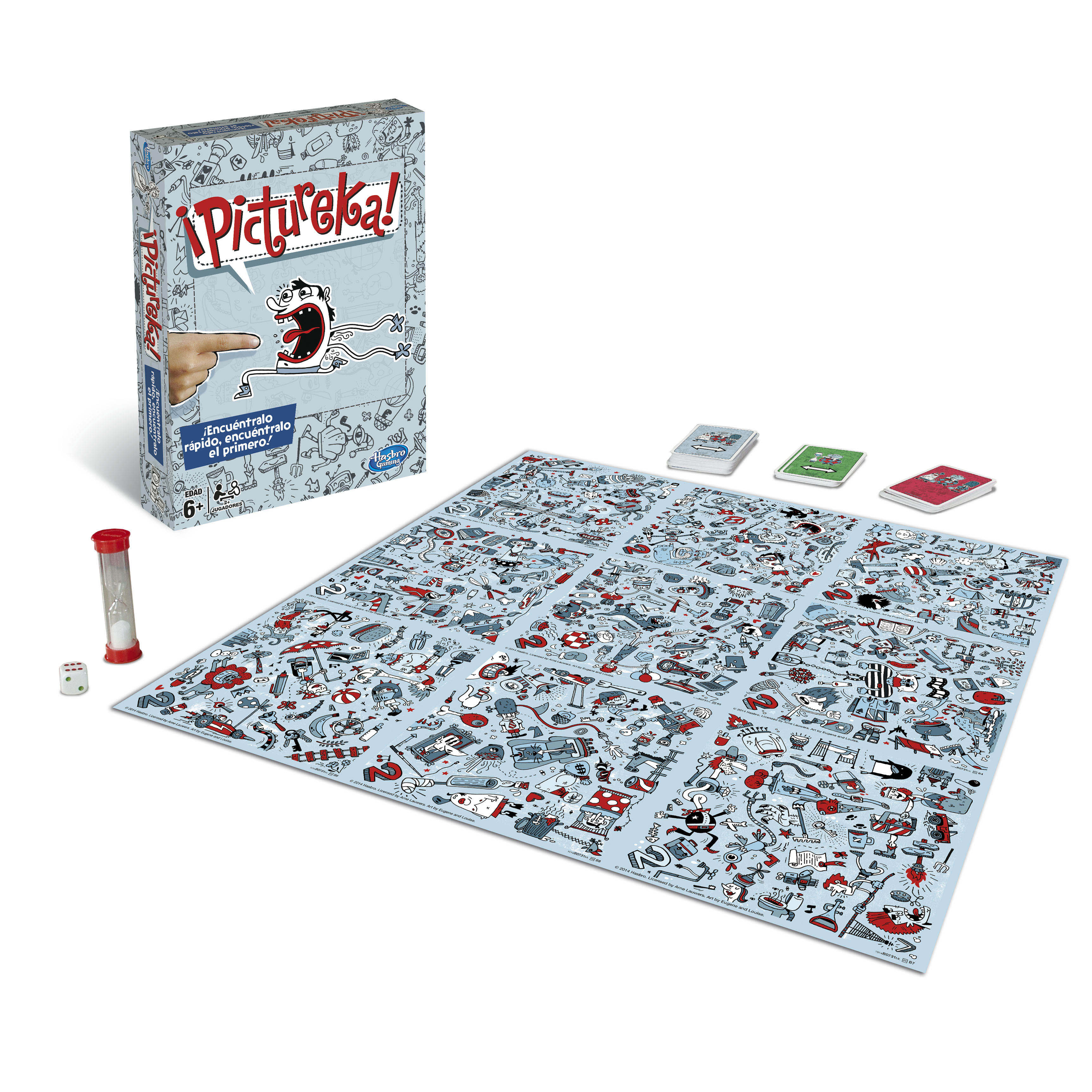 Tablero del juego Pictureka con cartas, dados y un temporizador. Dibujos en el tablero. Blanco.