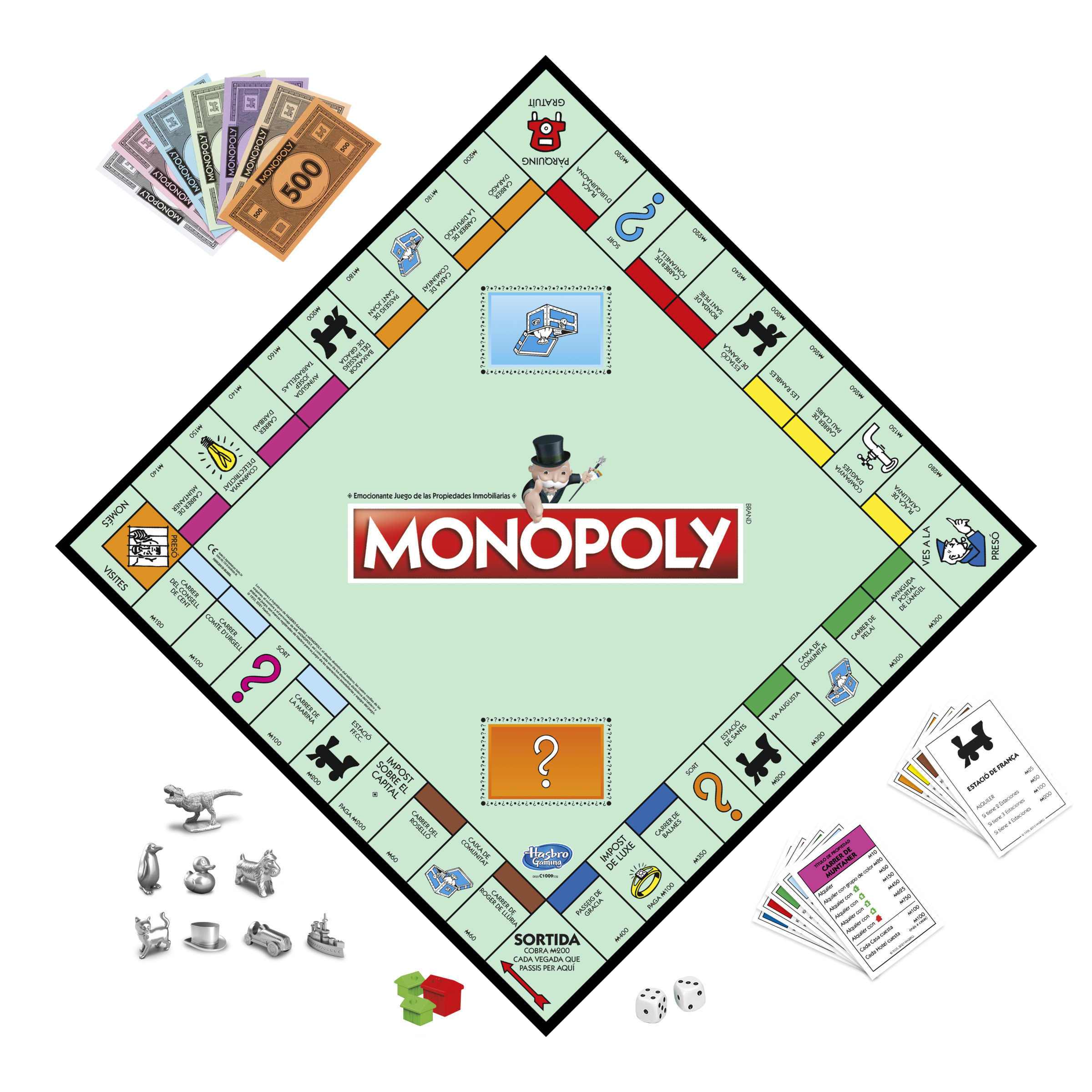 Configuración del juego de mesa Monopoly. El tablero es en forma de diamante con propiedades y cartas. Incluye dados y fichas.