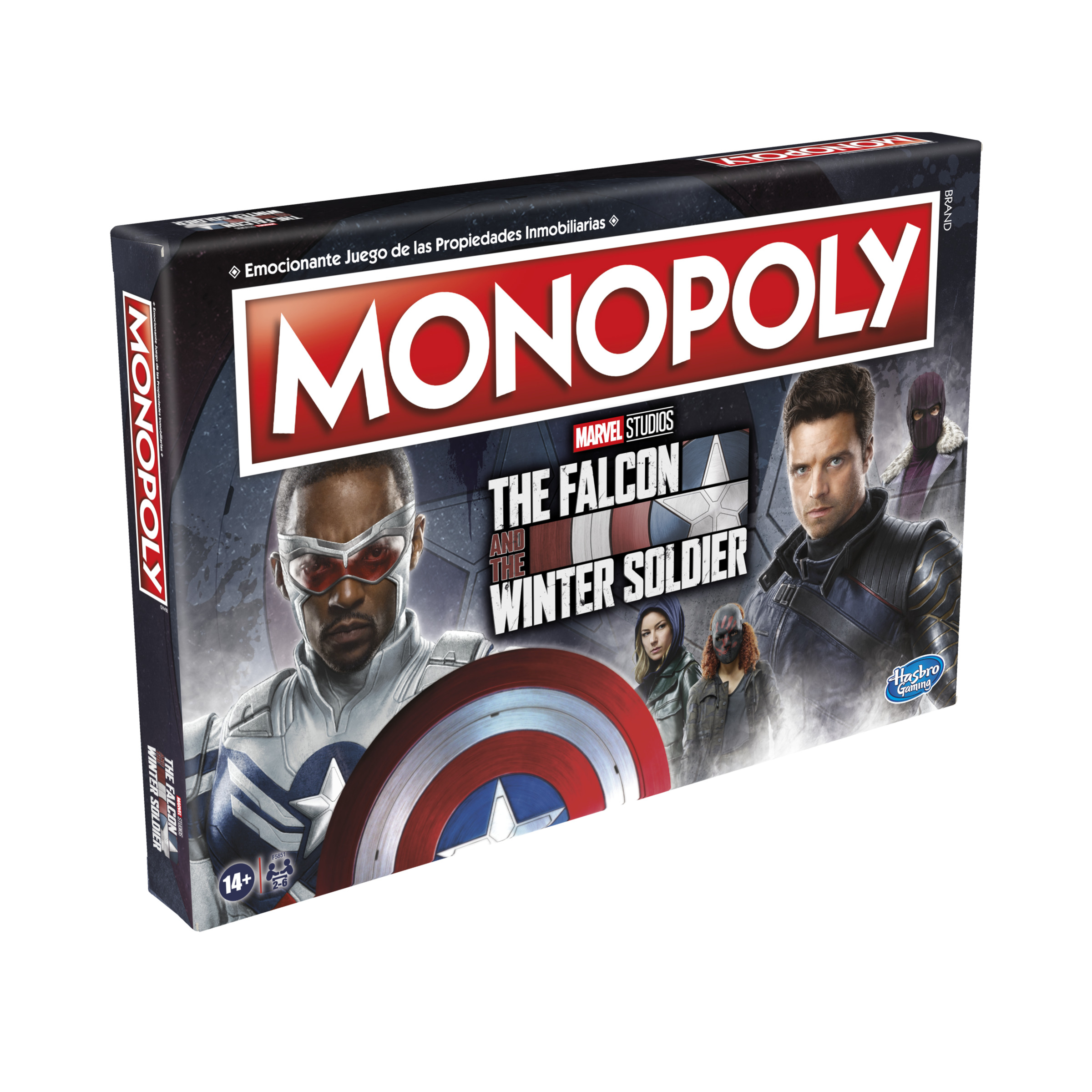 Caja del juego de mesa Monopoly. Con El Halcón y el Soldado de Invierno de Marvel. Fondo blanco.