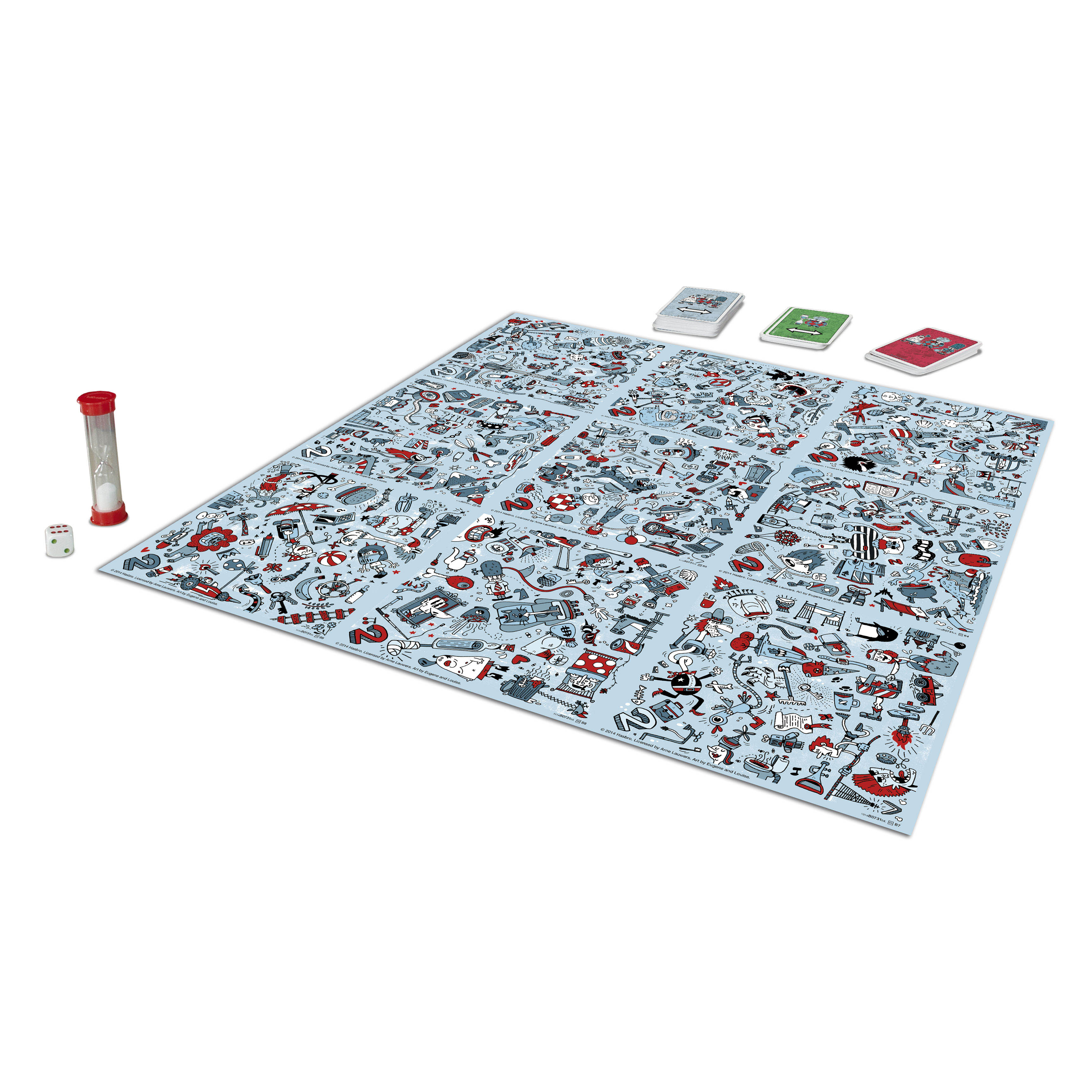 Juego de mesa con mapa azul, cartas, dados y temporizador sobre fondo blanco.