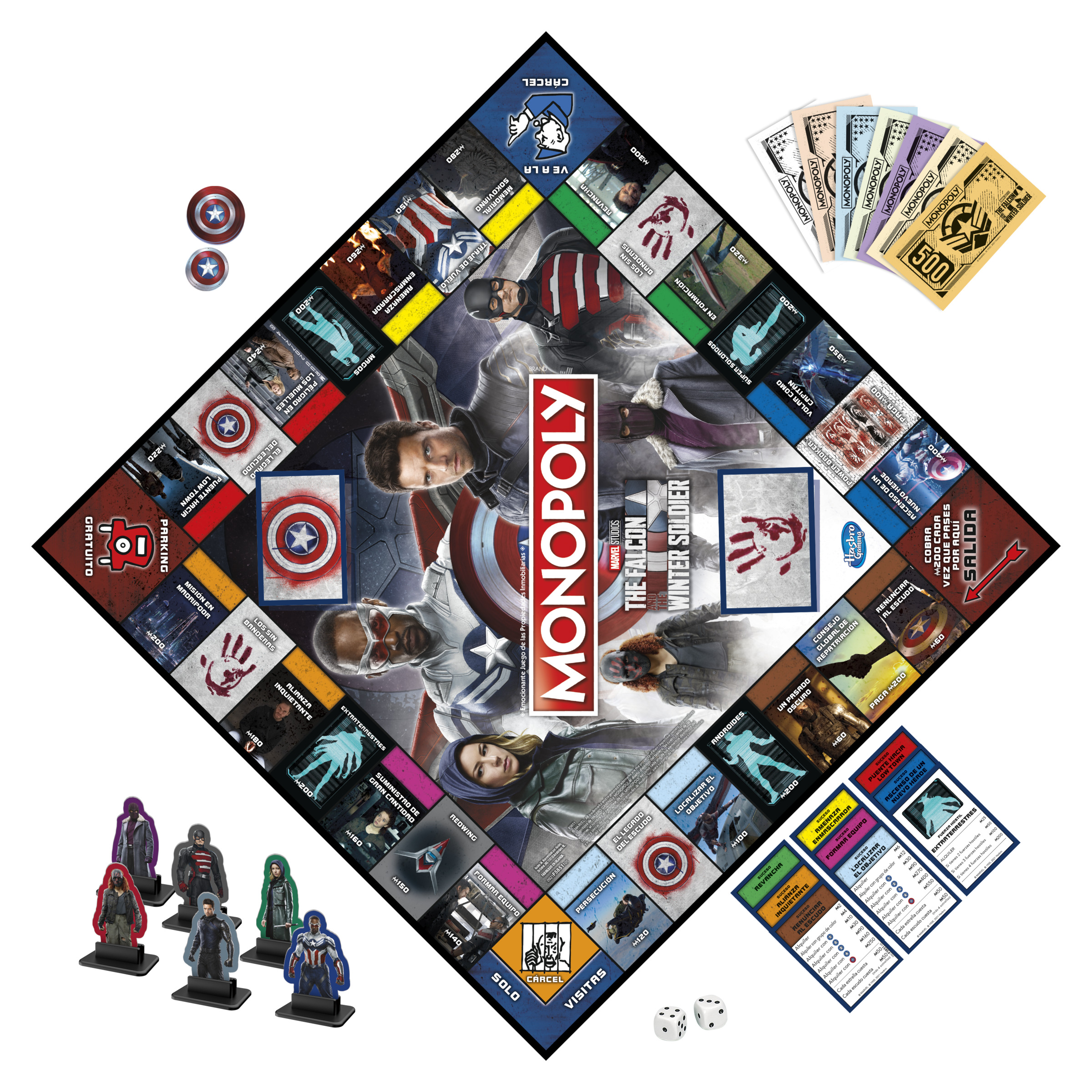 Juego de mesa Monopoly con tema de los Vengadores, piezas, cartas, dados sobre blanco.