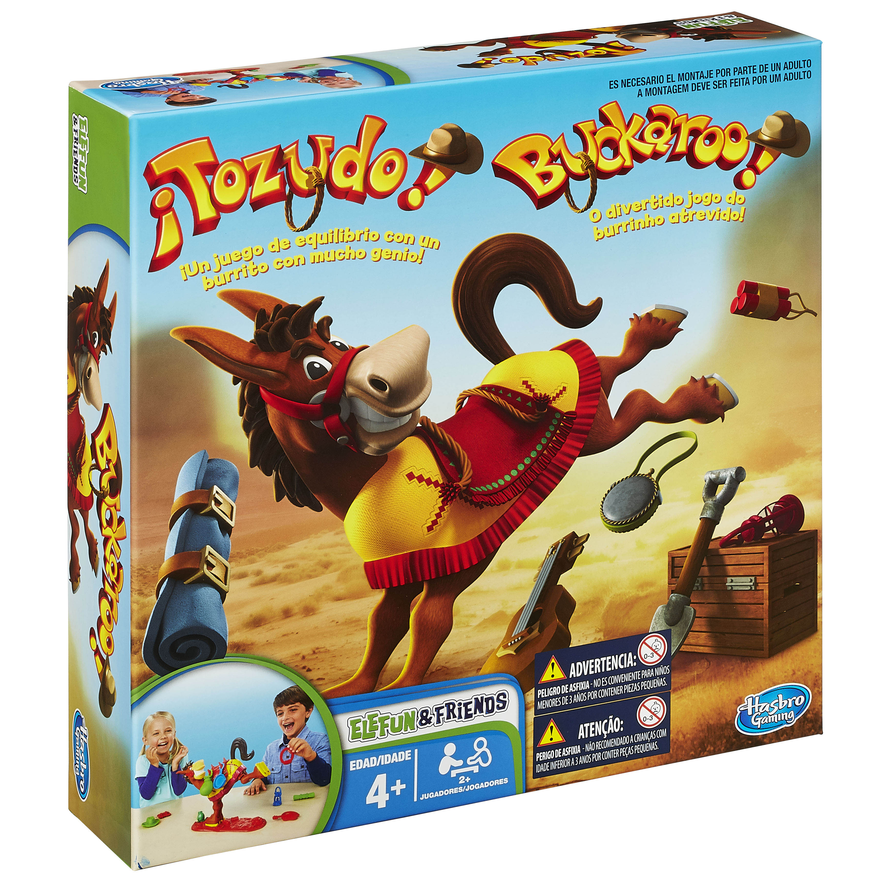 Caja del juego Tozydo Budkeroo. Muestra un burro de dibujos animados equilibrando objetos. Piezas del juego visibles.