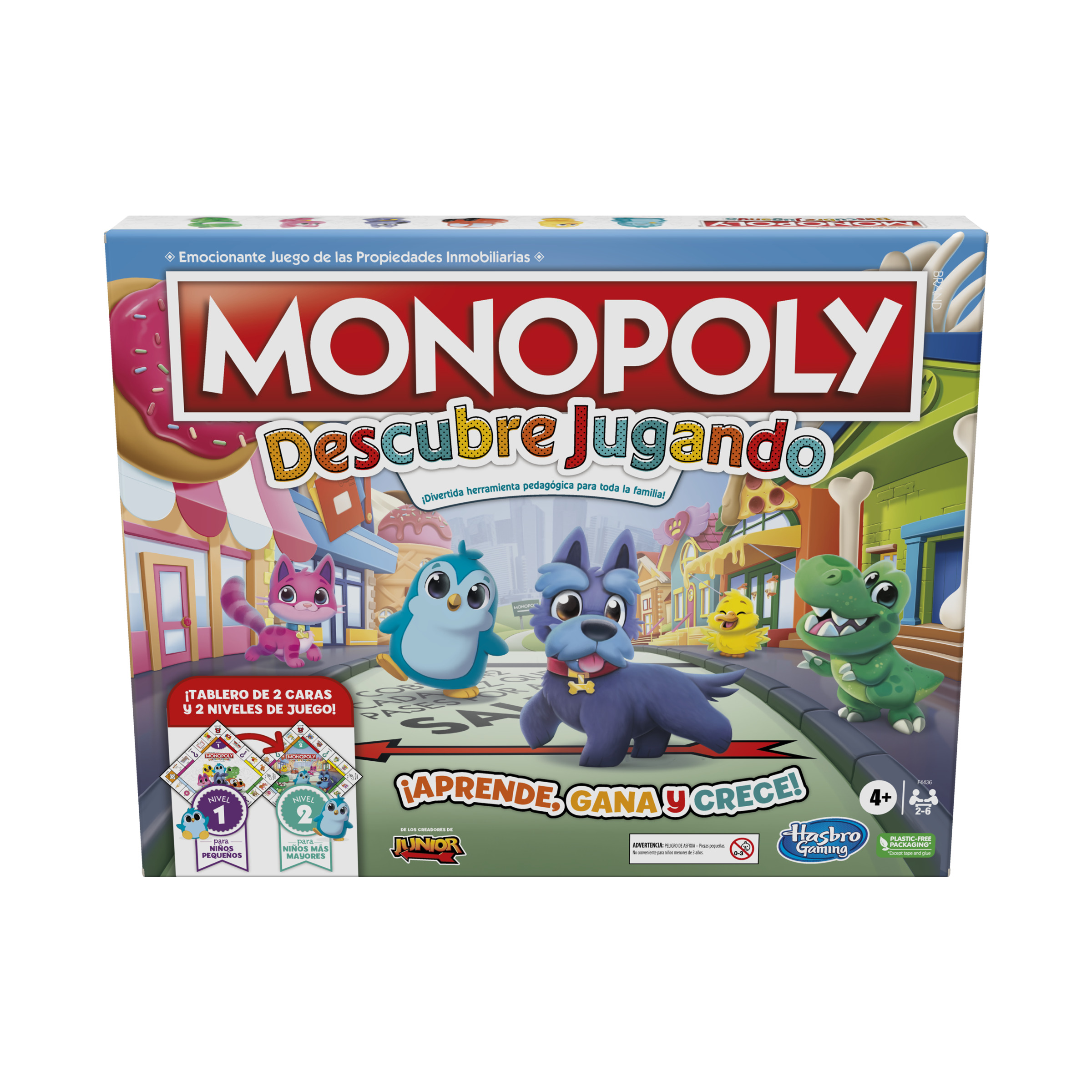 Caja del juego de mesa Monopoly con personajes de dibujos animados. Incluye gato, pingüino, perro, pato y dinosaurio en una calle.