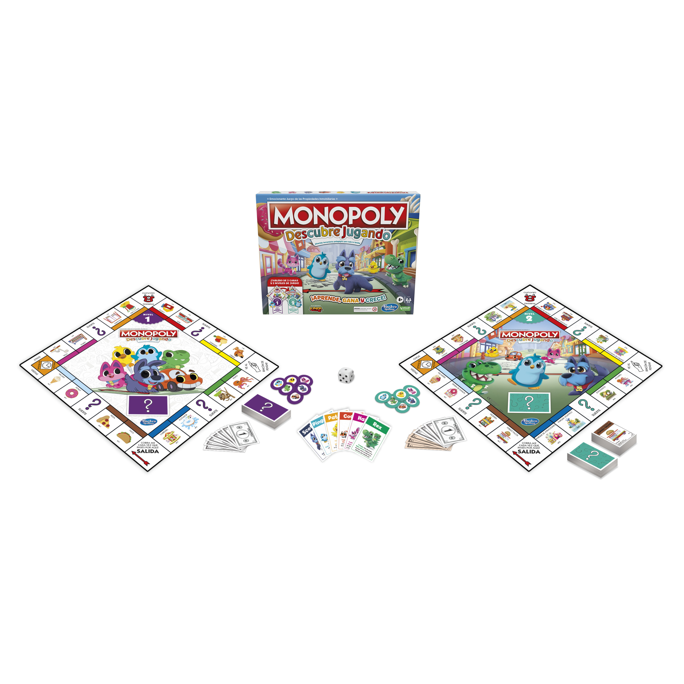 Juego de mesa Monopoly con piezas y cartas coloridas, con personajes de dibujos animados. También se ven dados y dinero.