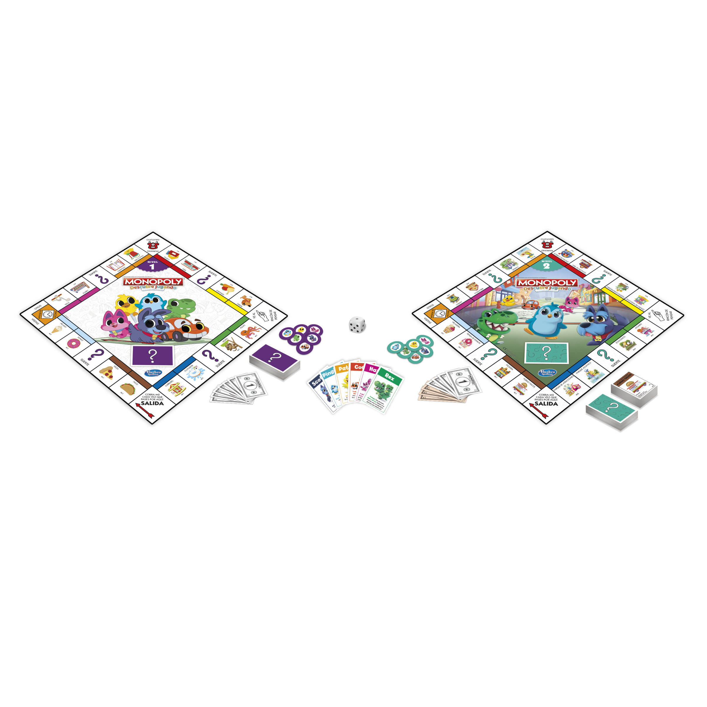 Dos tableros de Monopoly con cartas, dados y fichas. Los tableros presentan personajes de dibujos animados y casillas.