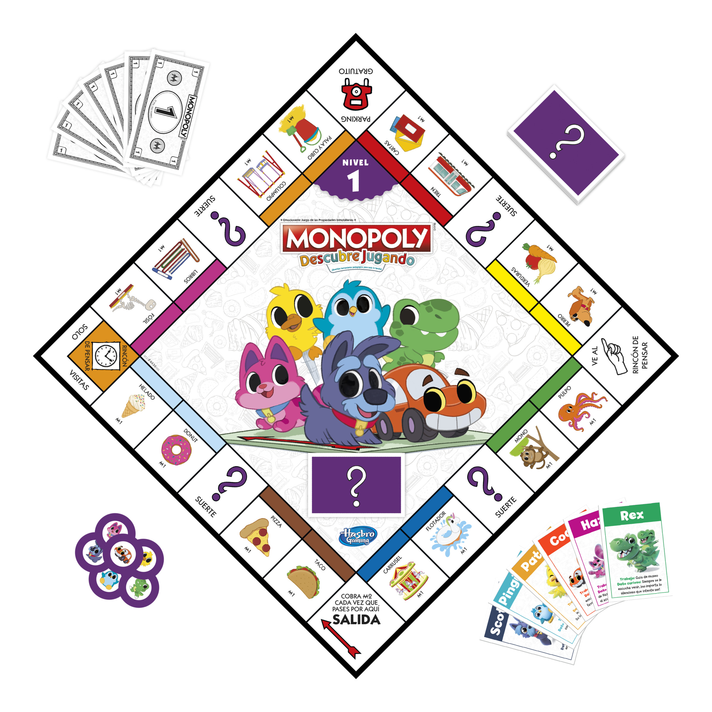 Juego de mesa Monopoly con personajes de dibujos animados, casillas de propiedades y cartas con instrucciones.