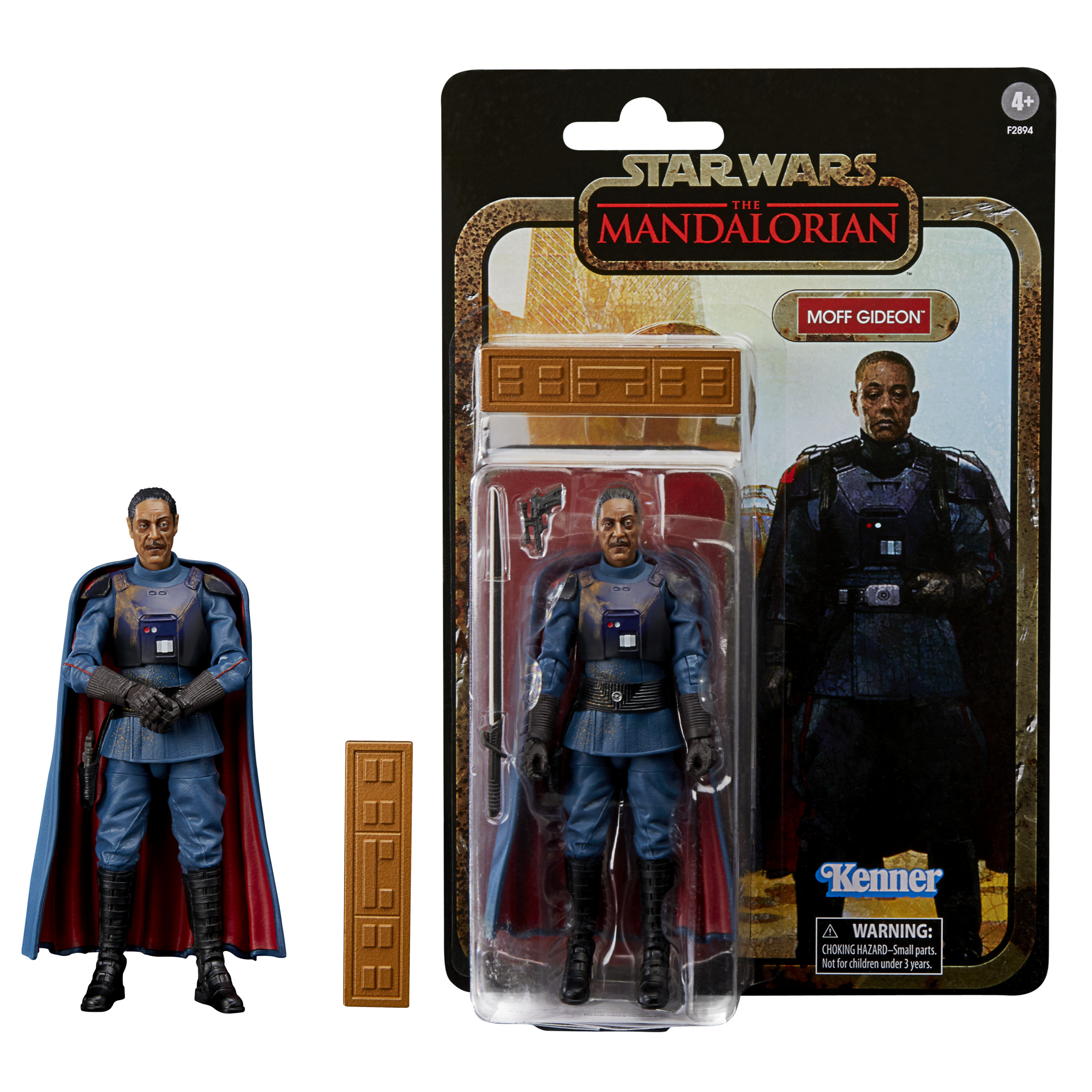 Figurka Moffa Gideona z pudełkiem. Figurka w niebieskim mundurze z peleryną. Pudełko przedstawia Mandaloriana.