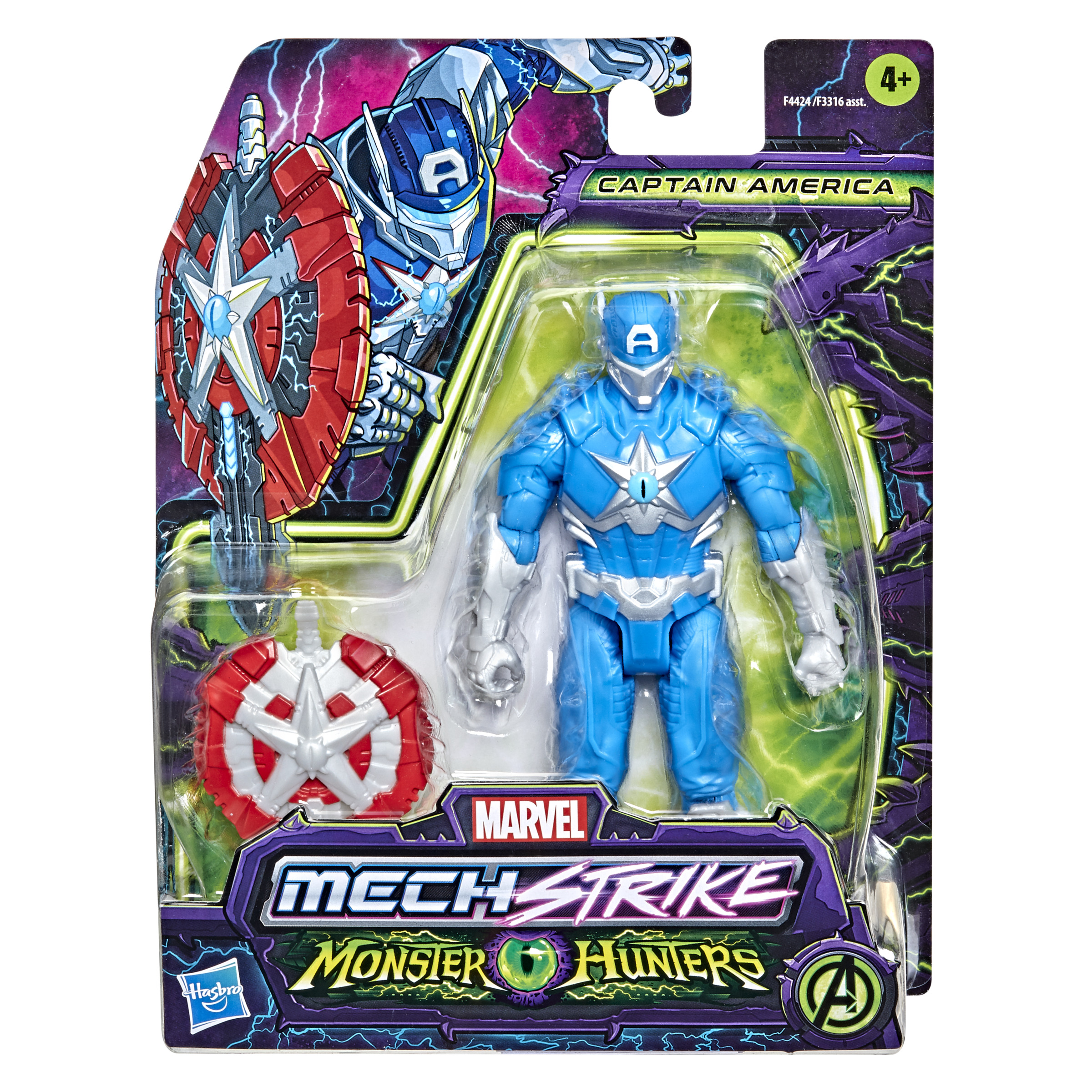 Figura de acción del Capitán América en un paquete. Es azul con un escudo y el logotipo de Marvel.