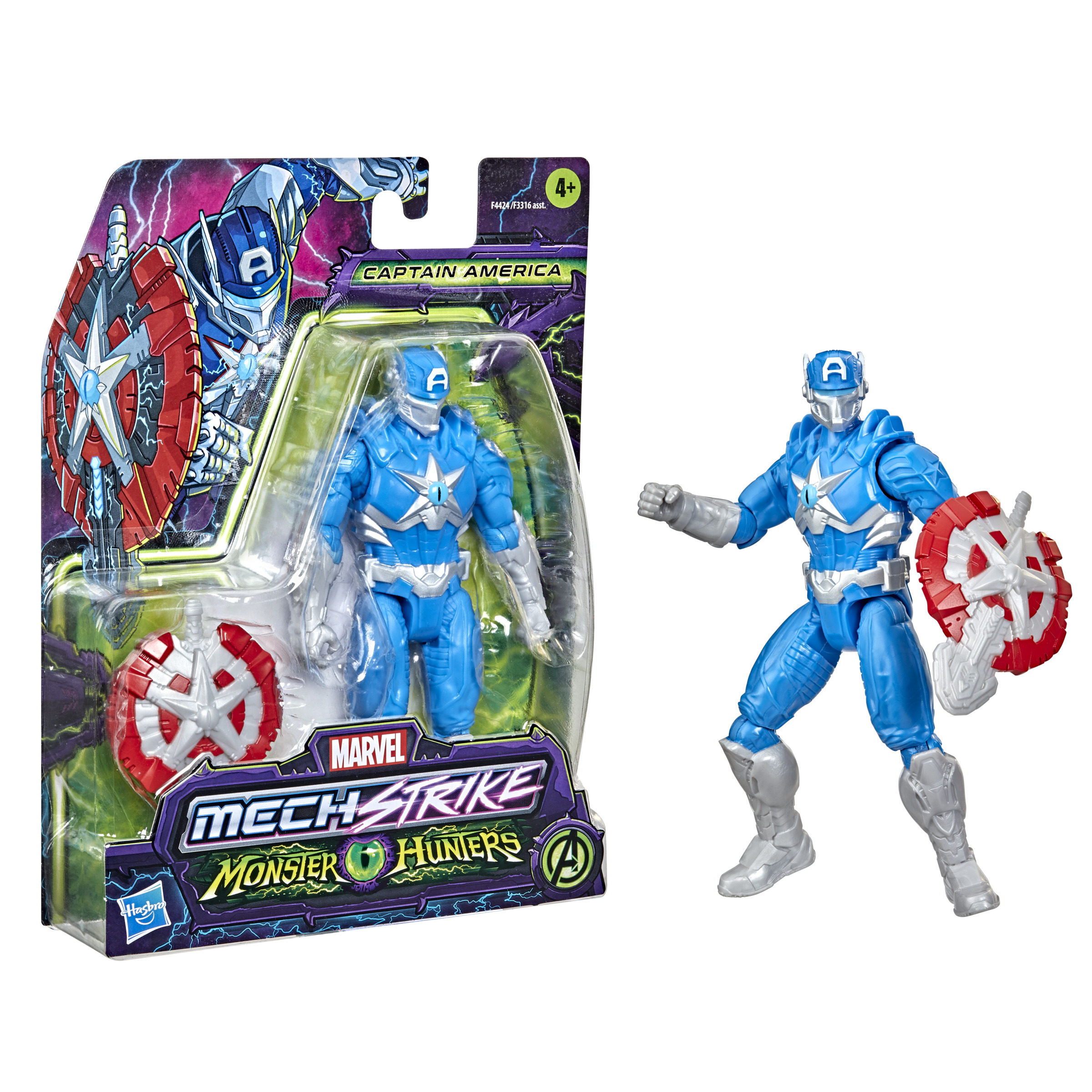 Figura de acción del Capitán América en y fuera del empaque, con traje y escudo azules.