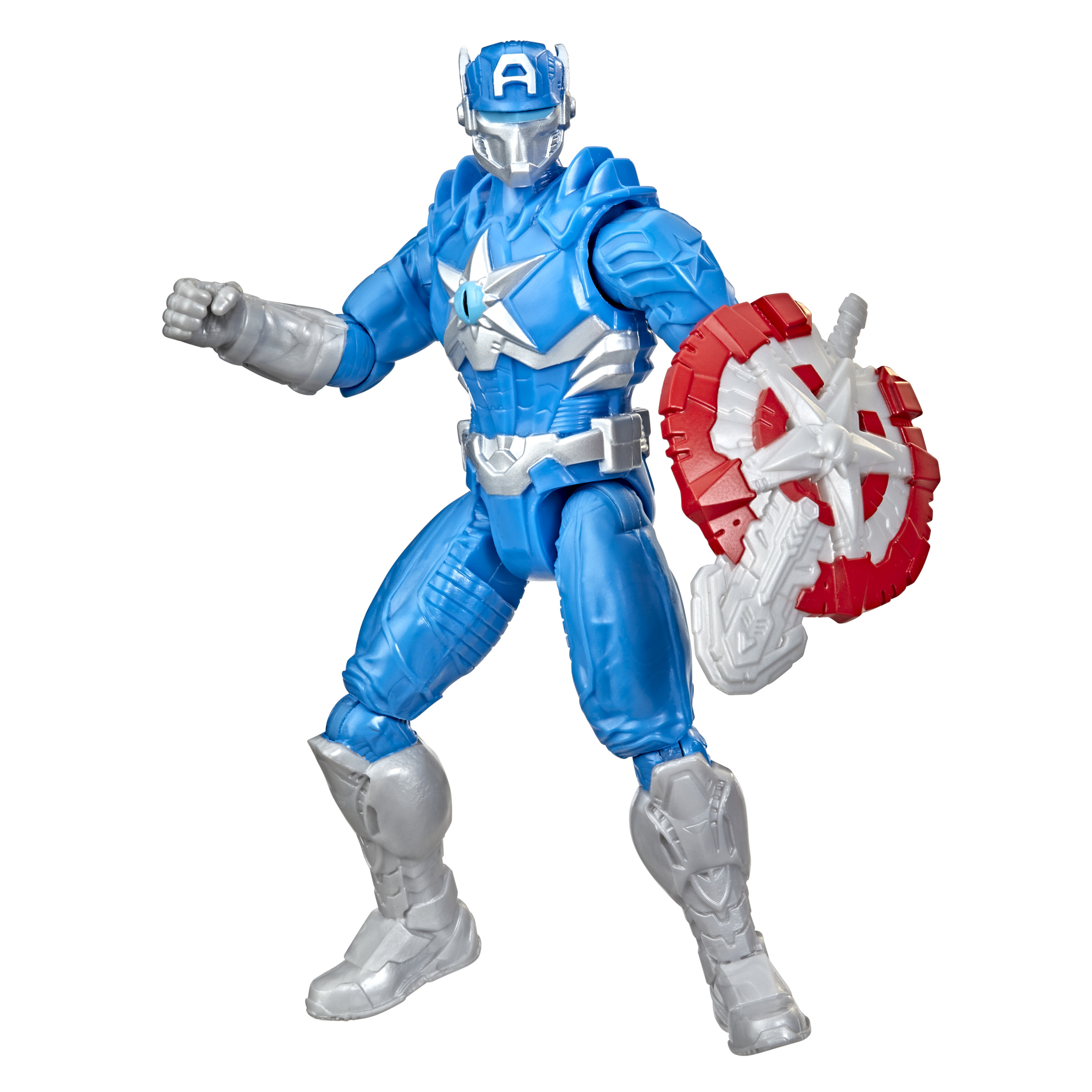 Figura de acción del Capitán América con armadura azul, sosteniendo un escudo.