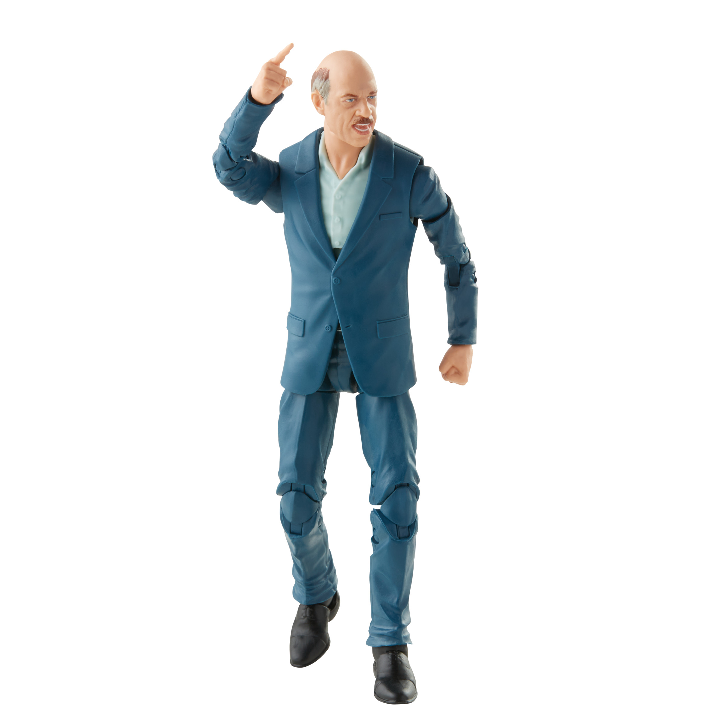 Una figura de acción calva con un traje azul, señalando hacia arriba. Es una figura detallada.