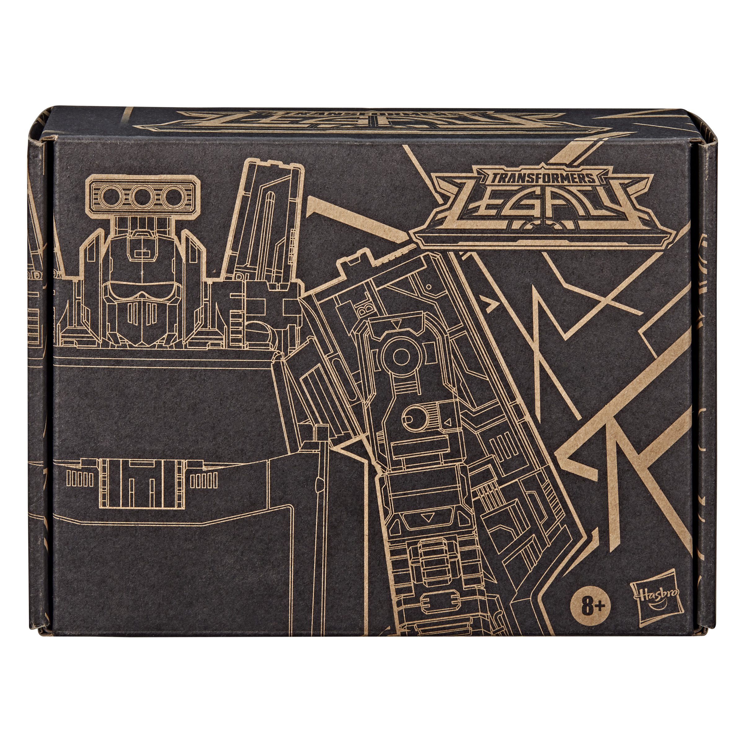 Una caja de juguetes Transformers Legacy negra con arte lineal dorado de un robot.