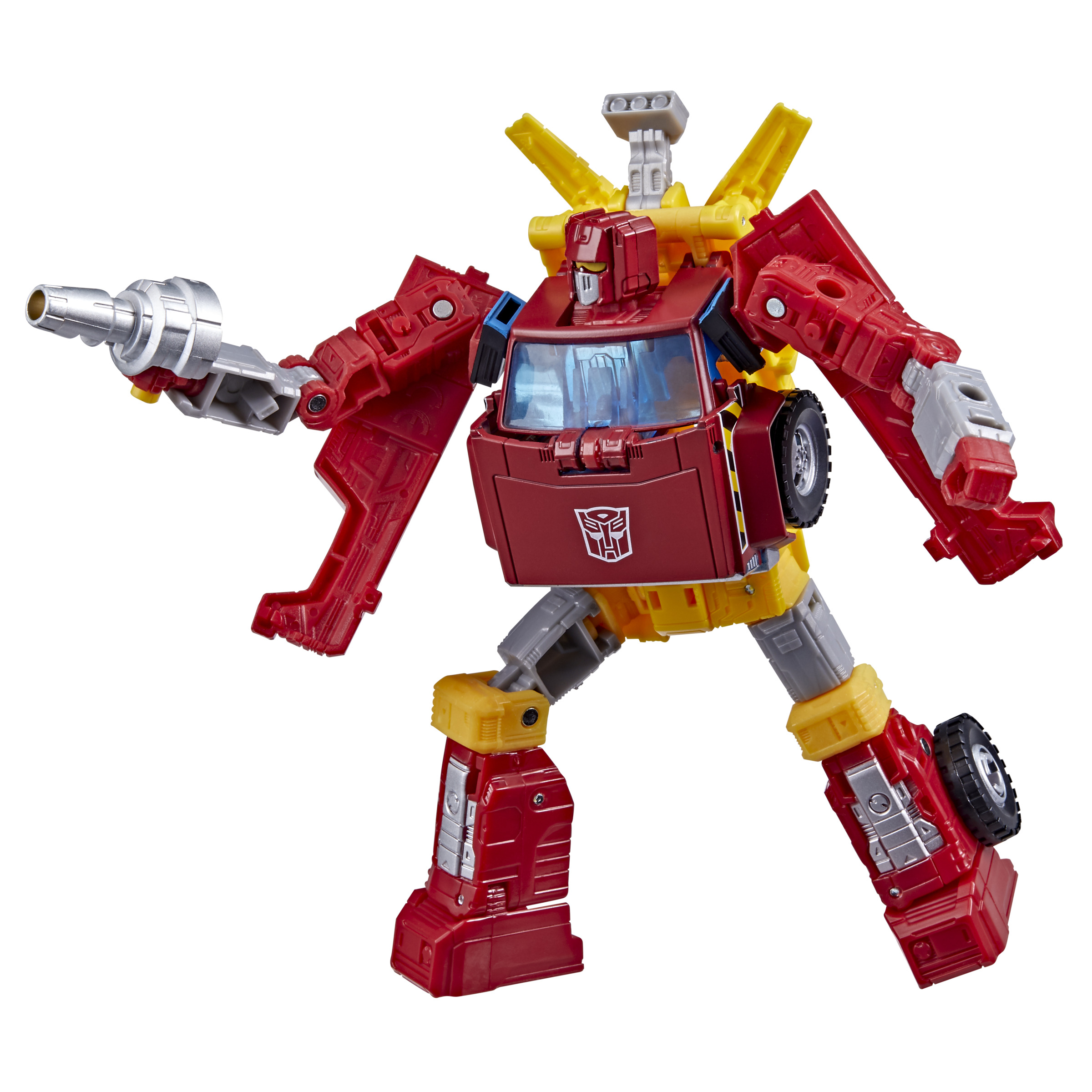 Figura de acción de robot rojo y amarillo sosteniendo un arma plateada.