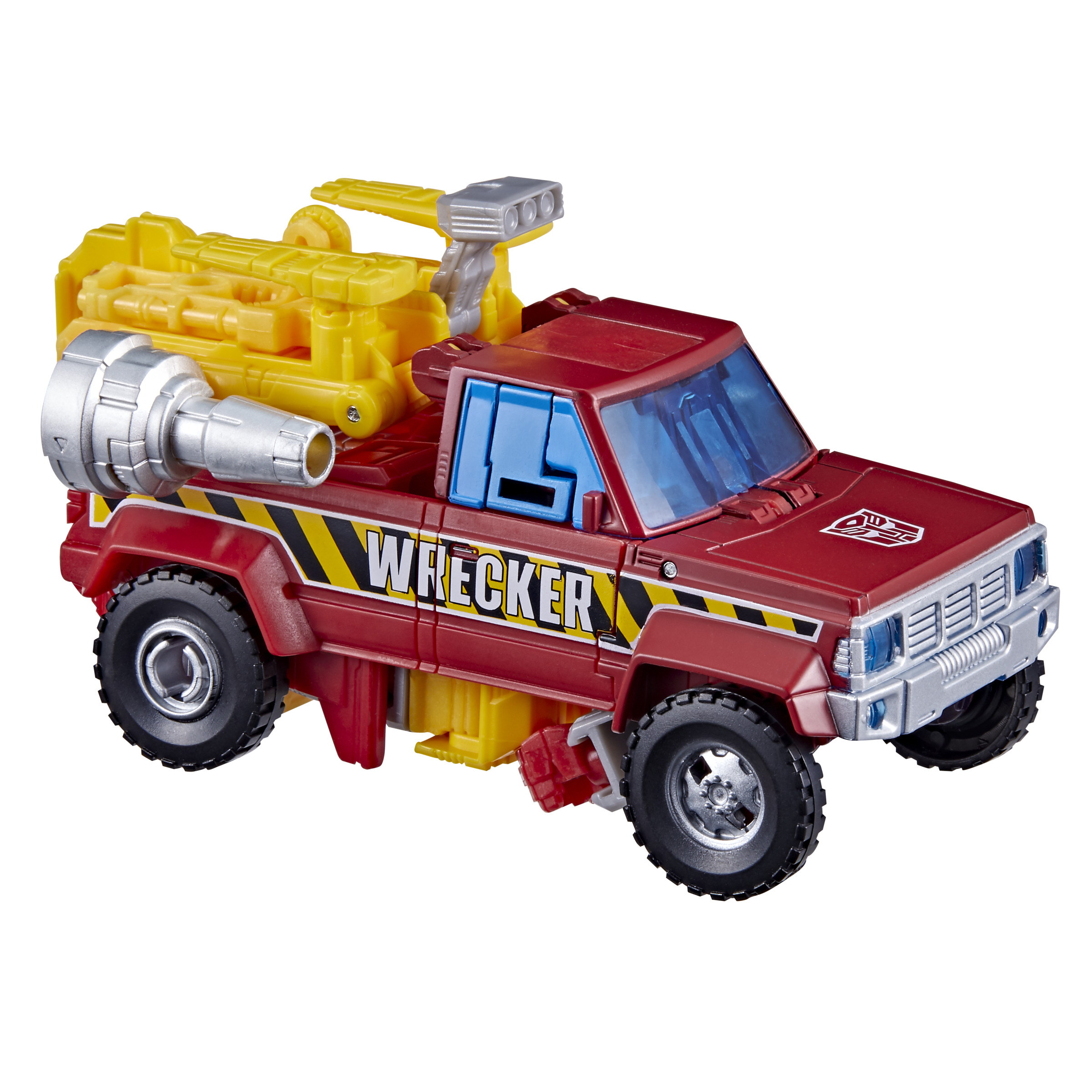 Una camioneta de juguete roja marcada como Wrecker, con equipo amarillo en la parte trasera y ventanas azules.