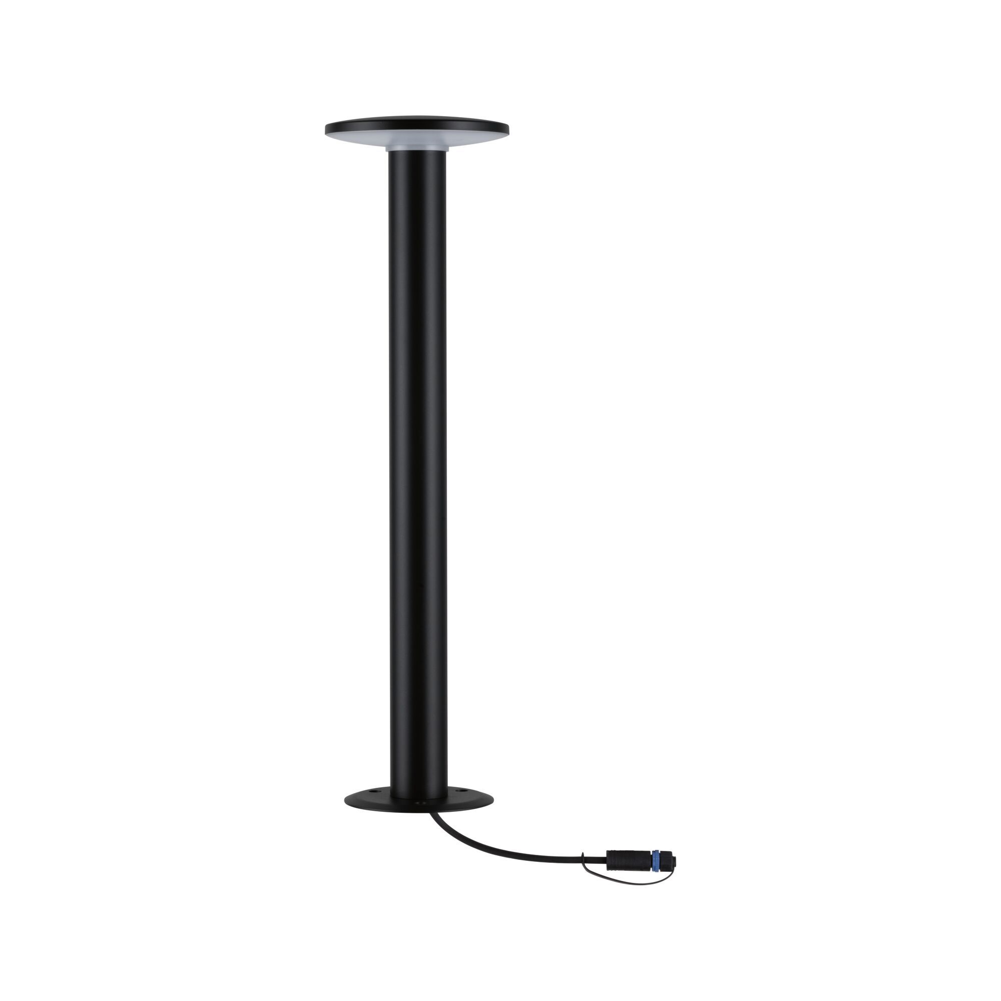 Eine schwarze Außenlampe mit kreisförmiger Ober- und Unterseite sowie einem Stromkabel.