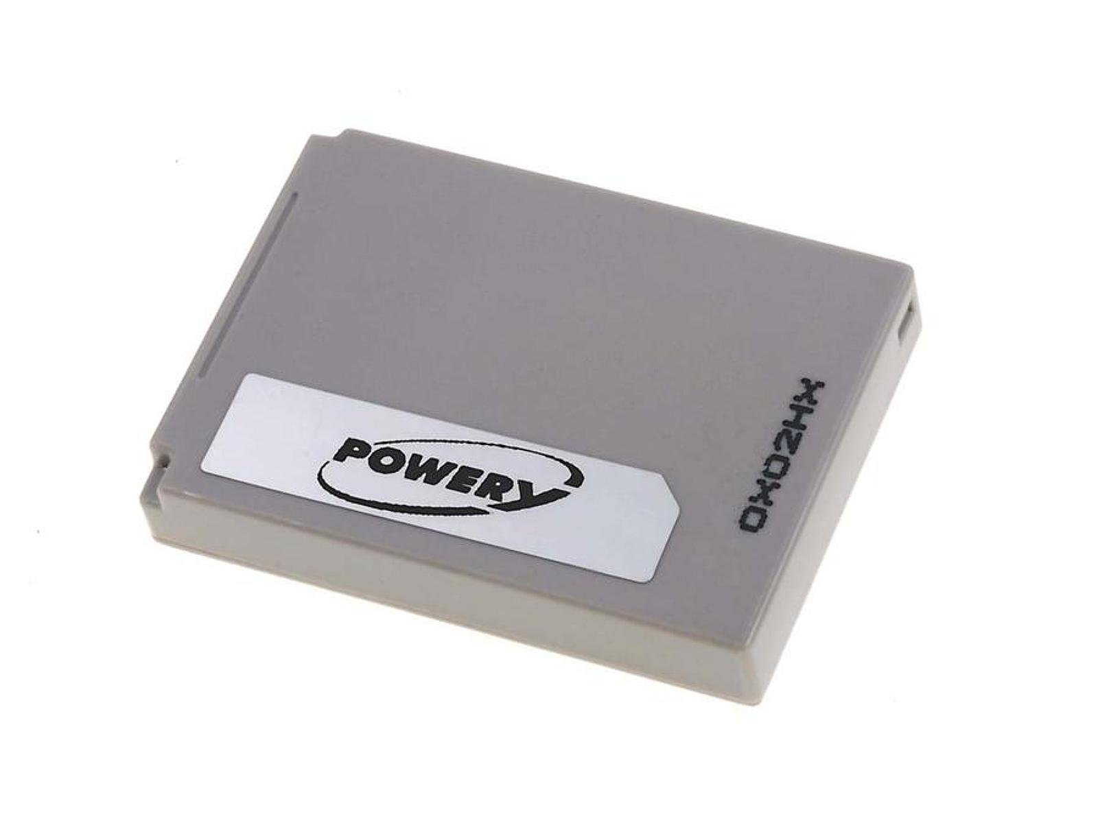 Una batería rectangular gris con el texto "POWERY" impreso en una pegatina blanca.