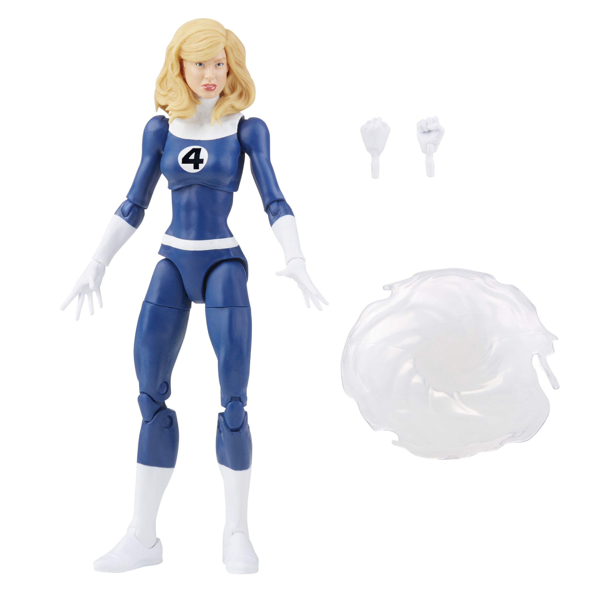 Una figura de acción rubia con traje azul y blanco de los Cuatro Fantásticos, con manos intercambiables y efecto.