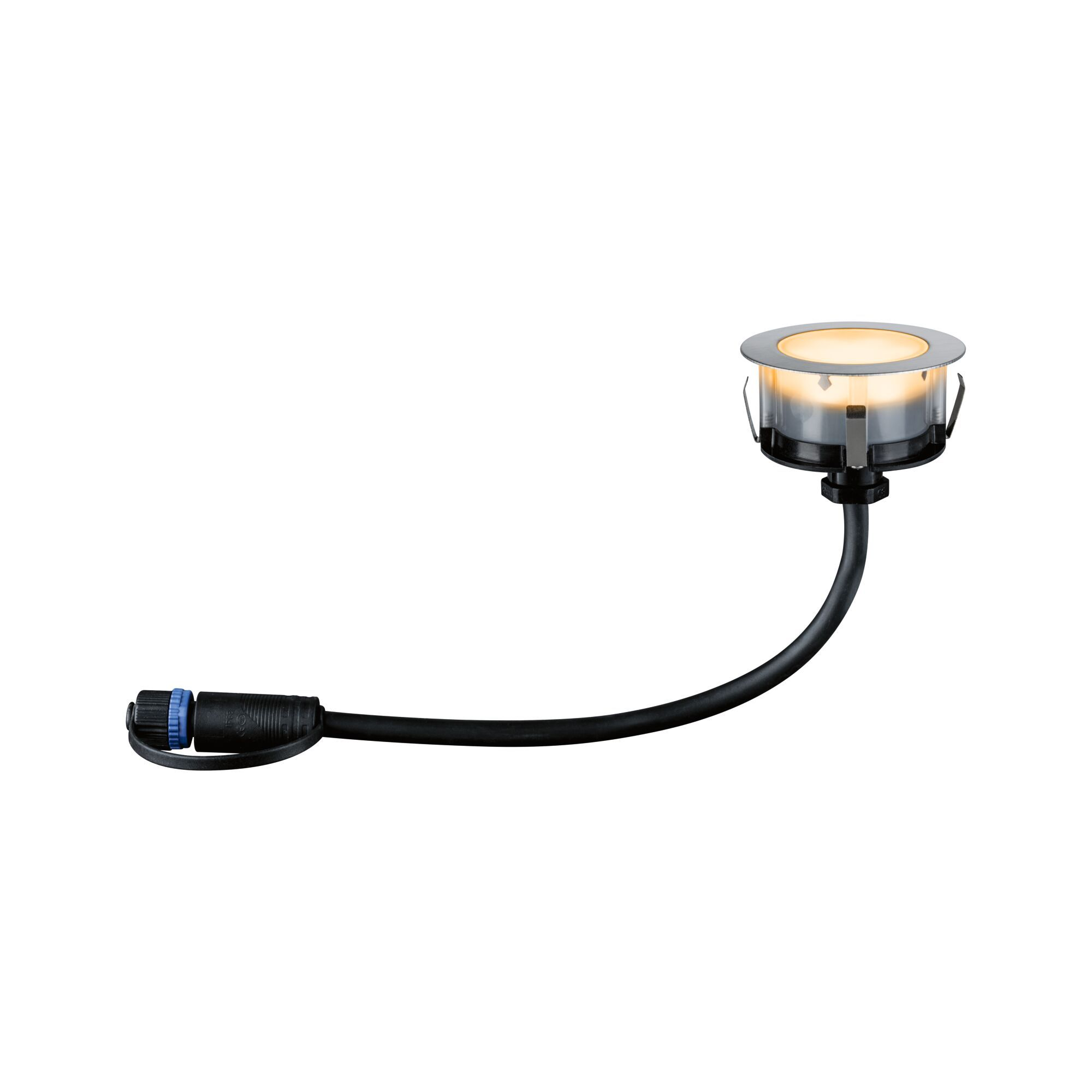 Un piccolo apparecchio di illuminazione rotondo con un cavo nero.