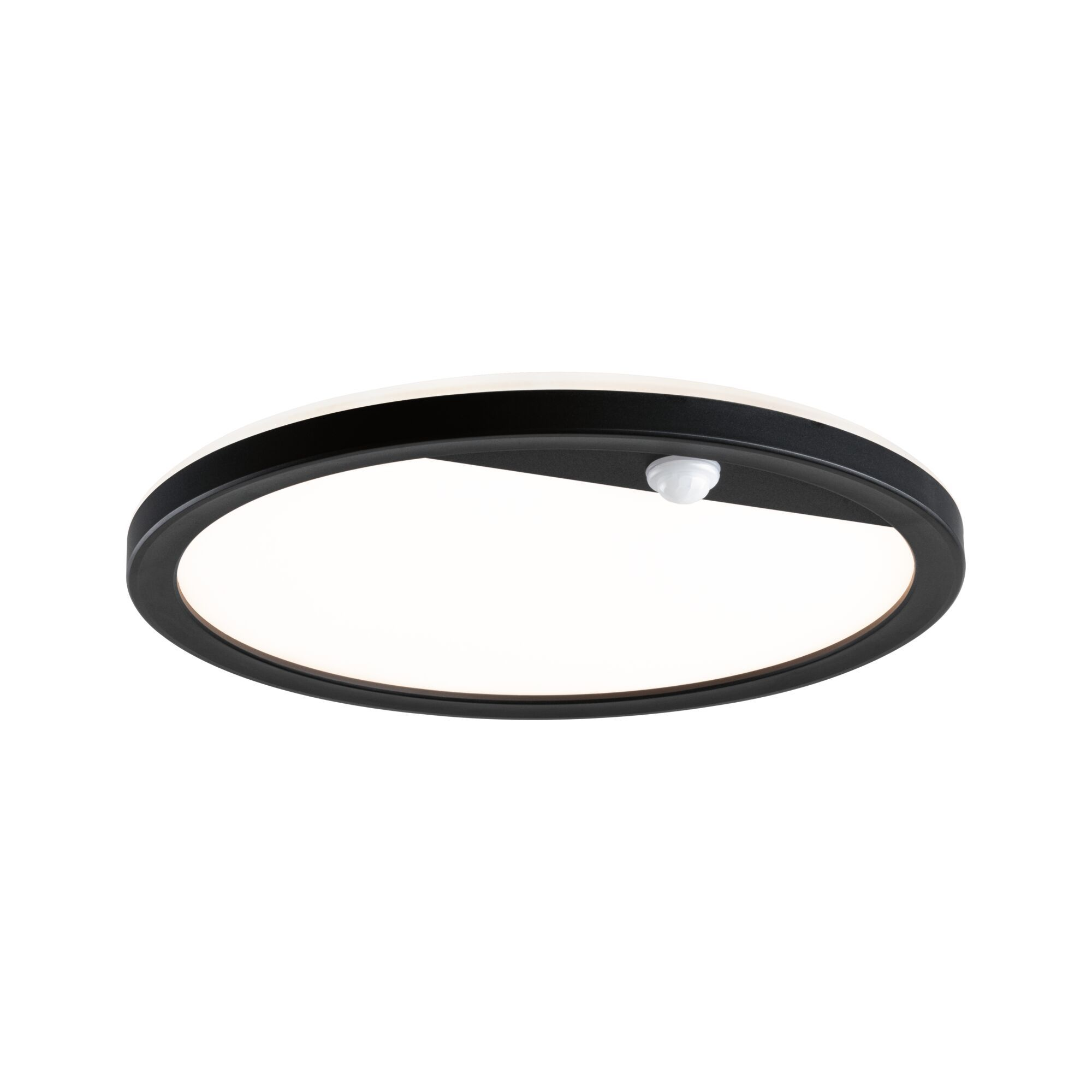 Czarno-biała lampa sufitowa LED z czujnikiem ruchu, owalny kształt.