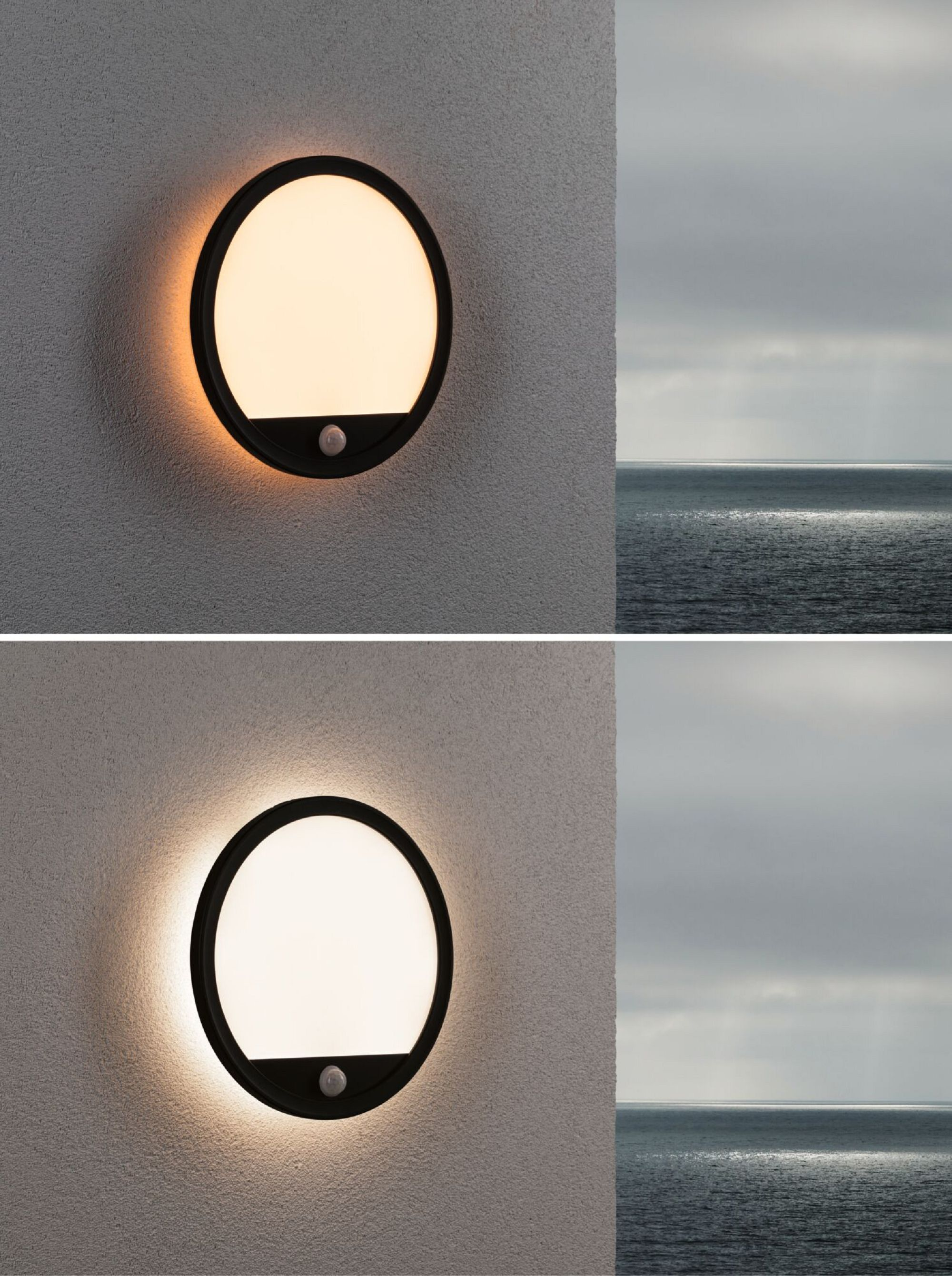 Dwa zdjęcia czarnej lampy ściennej; jeden włączony, drugi wyłączony. W tle ocean i niebo.