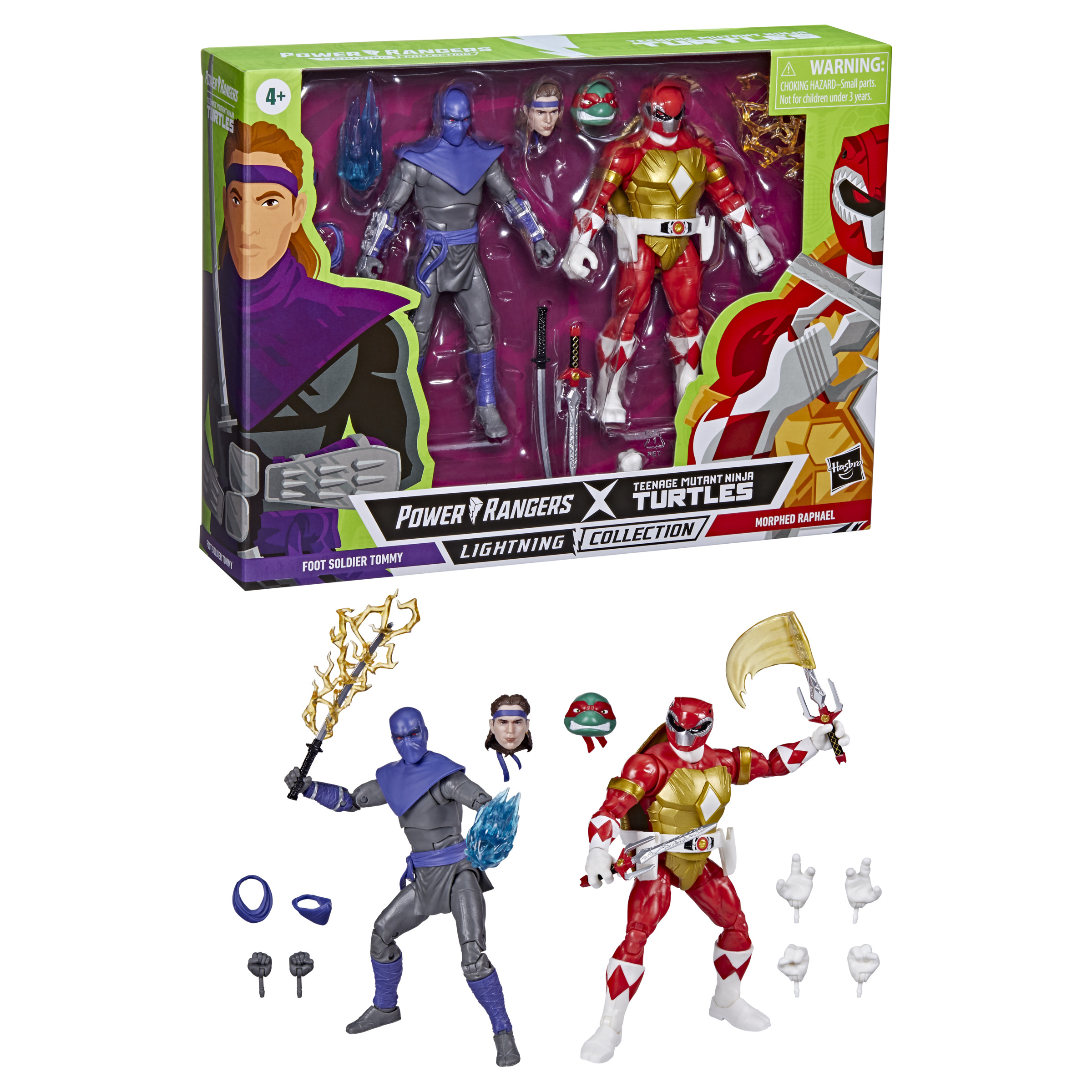 Figuras de Power Rangers/Tortugas Ninja en caja, con accesorios.