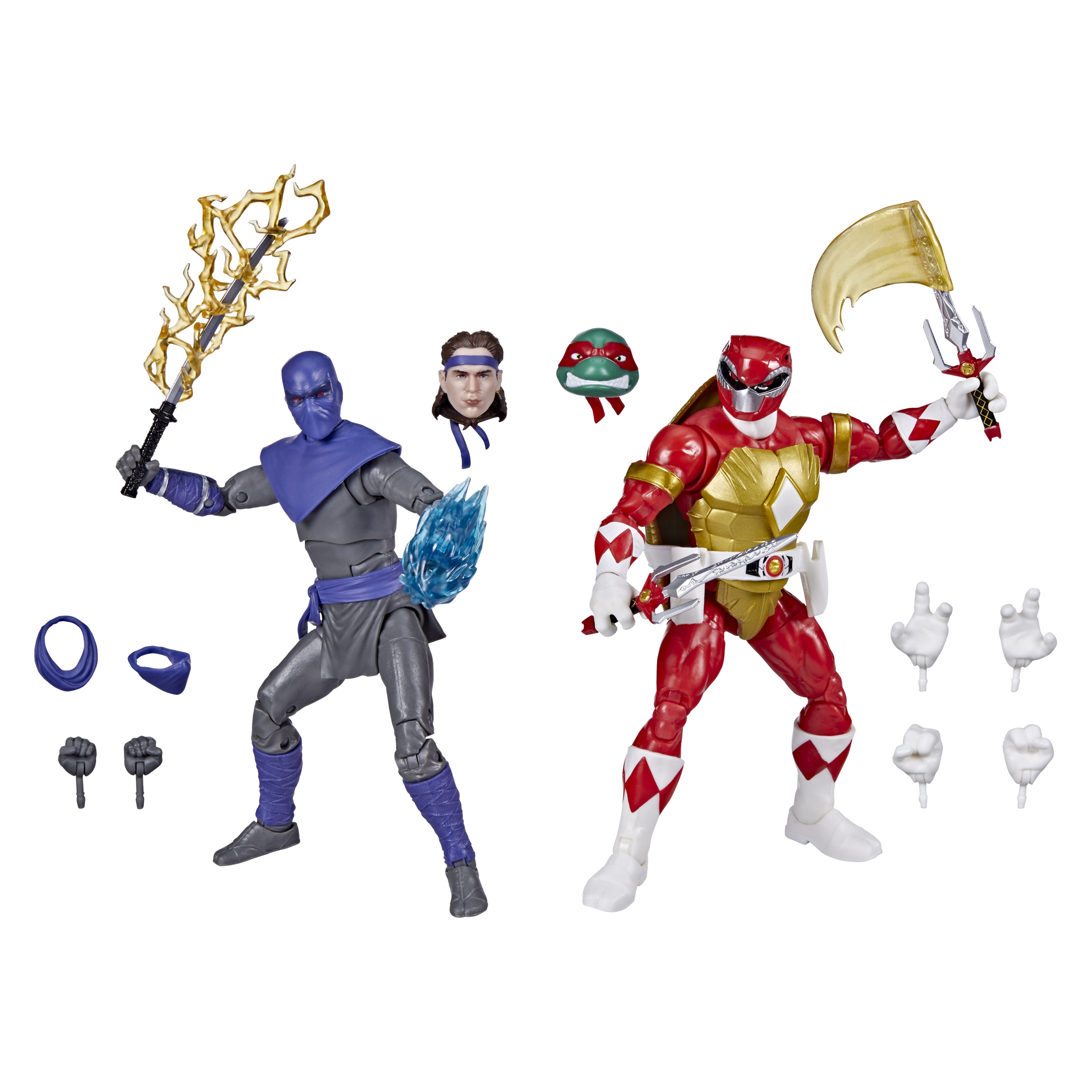 Figuras de acción de un ninja y un Power Ranger. Incluye accesorios, cabezas extra y armas.