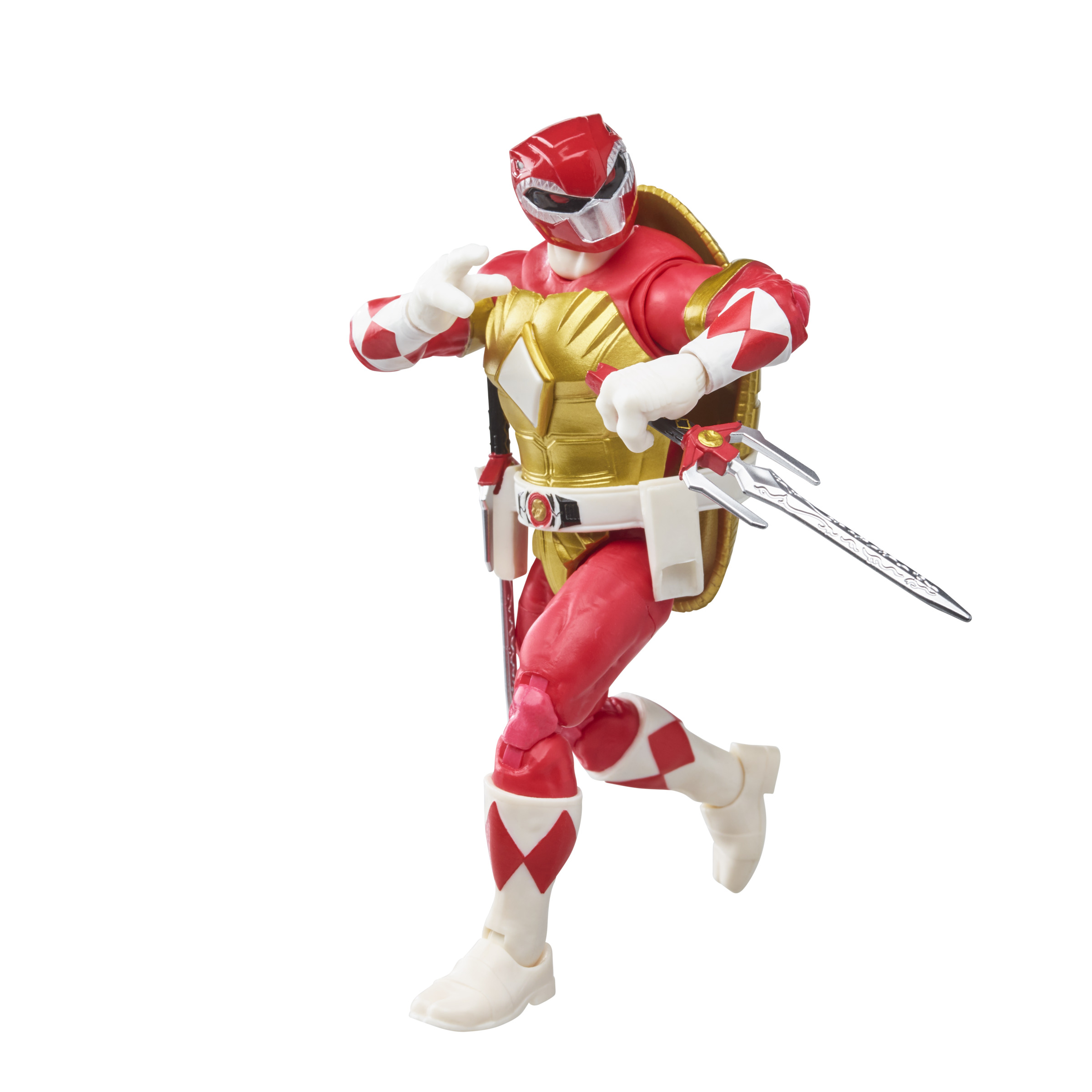 Figura de acción del Power Ranger rojo con armadura dorada, en pose de carrera. Fondo blanco.