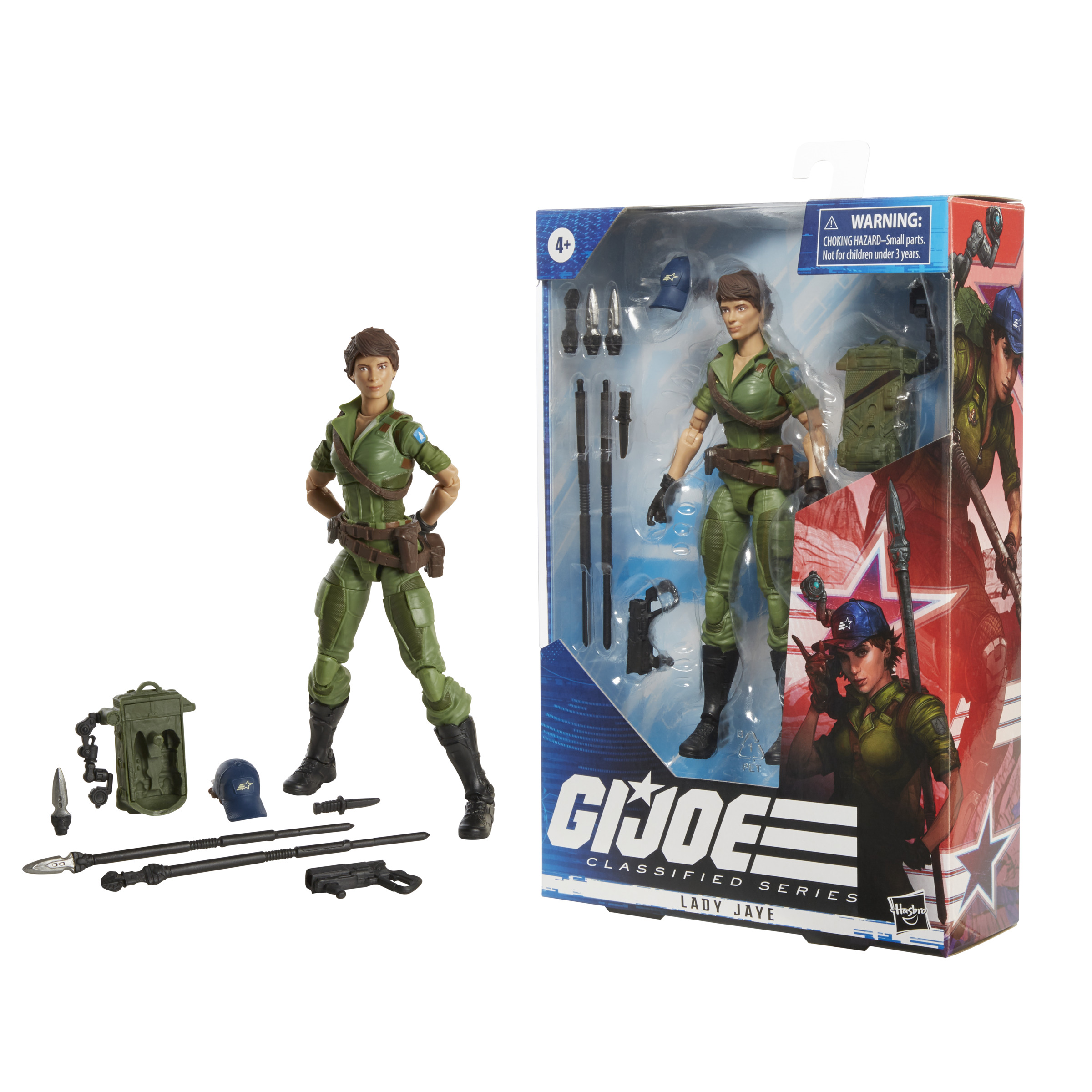 Figura de acción G.I. Joe Lady Jaye. La figura y los accesorios son visibles.