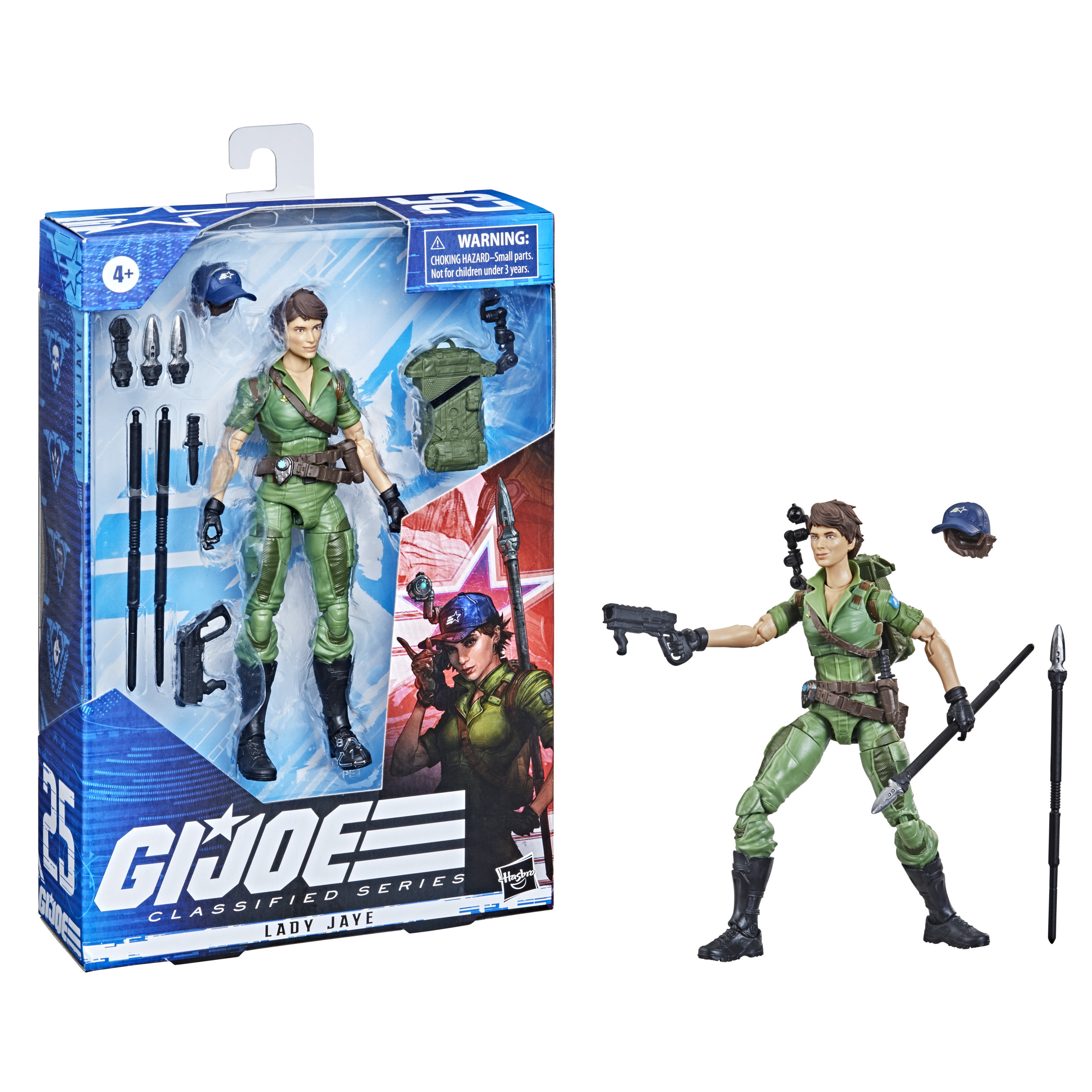 Figura de acción de Lady Jaye en caja y expuesta. Fondo blanco.