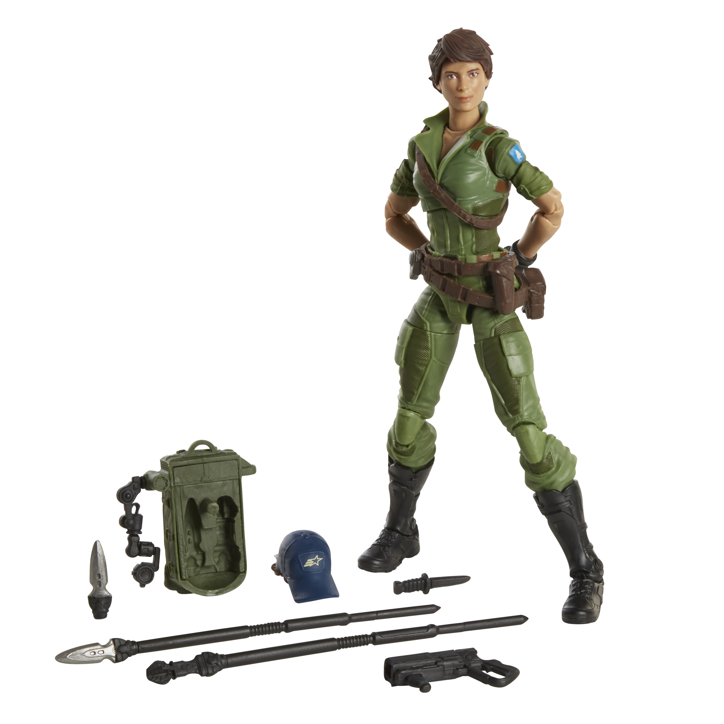 Figura de acción de una mujer con uniforme verde, con equipo y accesorios sobre fondo blanco.