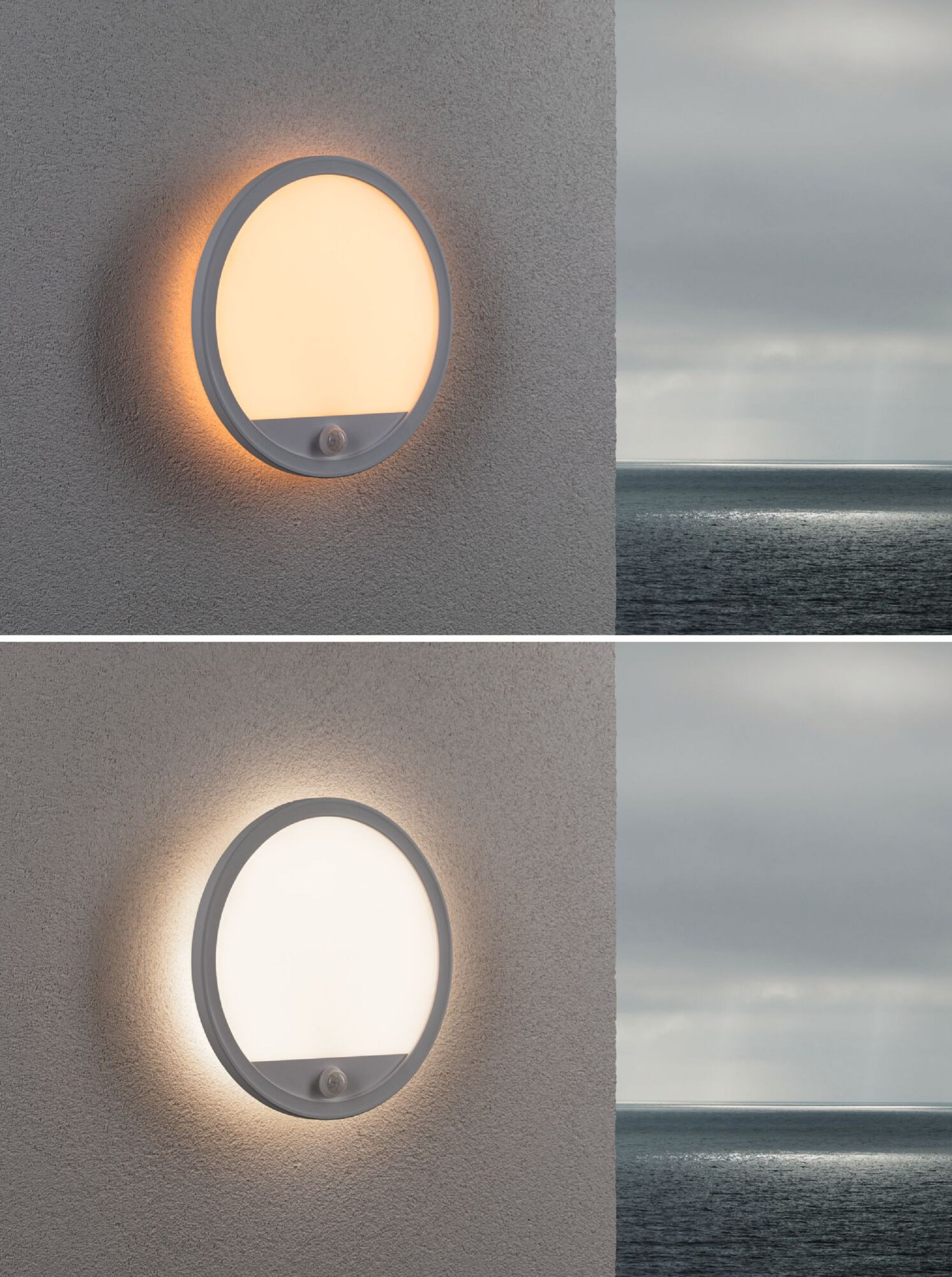 Eine weiße Leuchte an einer Wand, mit zwei Lichteinstellungen und Meerblick.