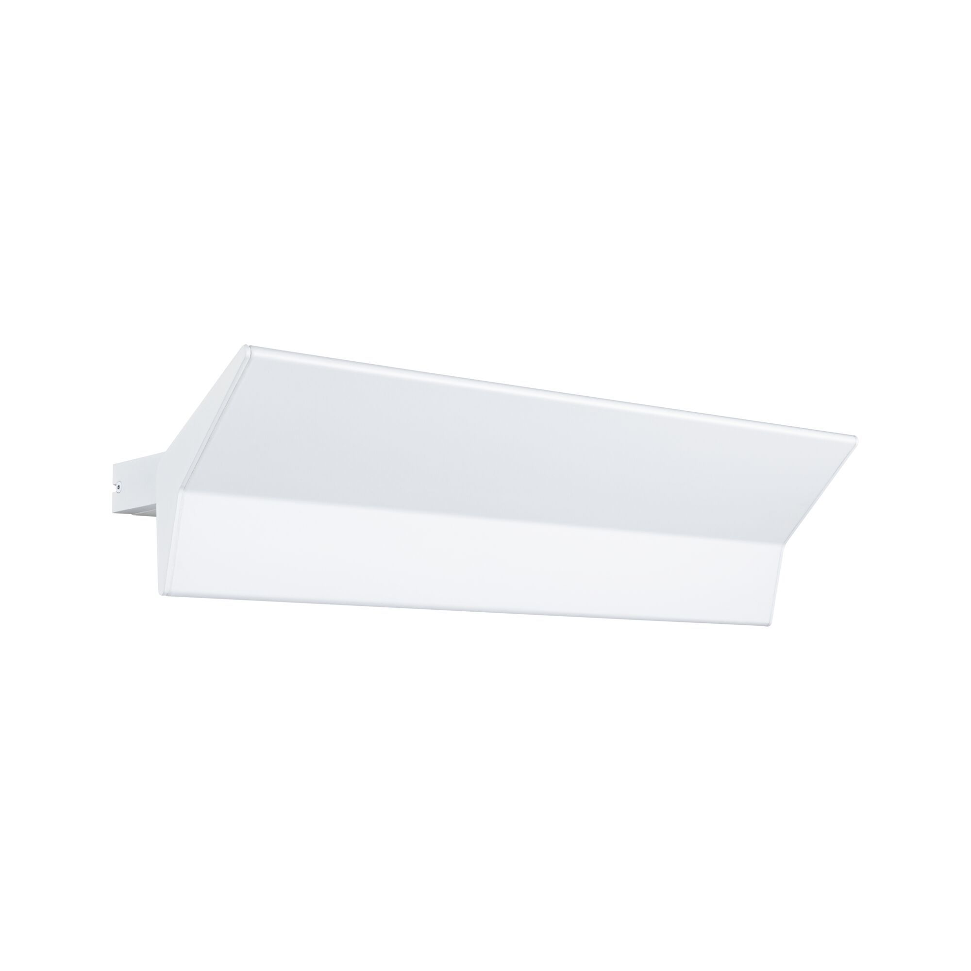 Un apparecchio di illuminazione a LED bianco angolato su sfondo bianco.