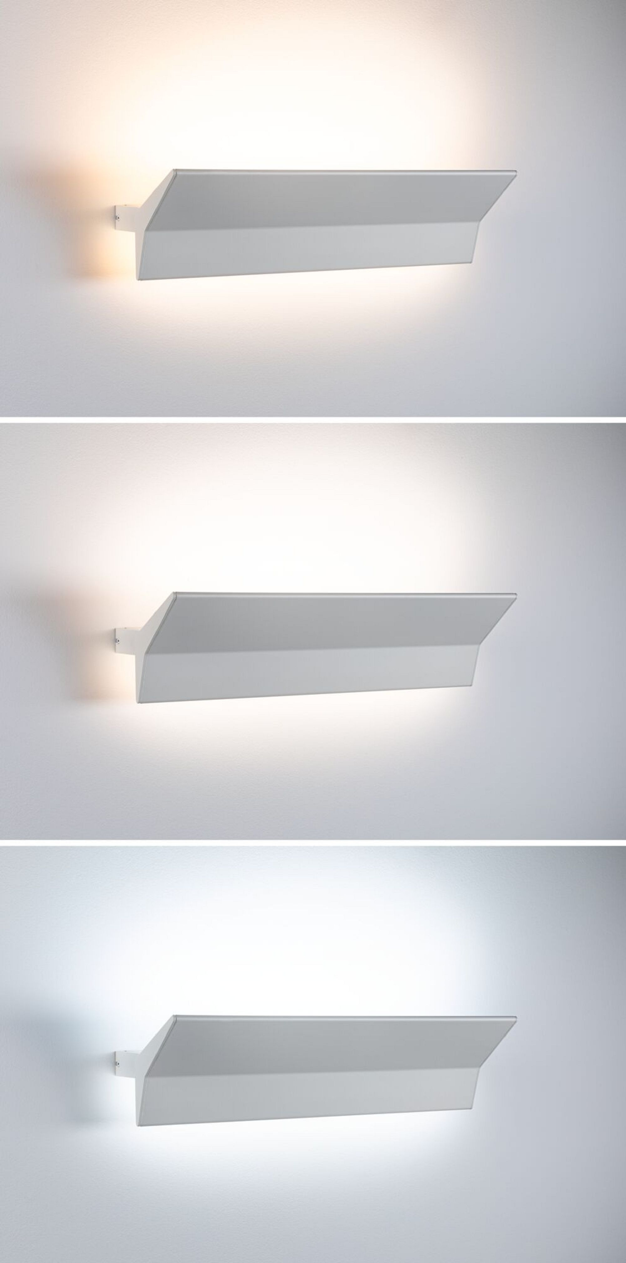 Tre immagini di un'applique bianca con diverse intensità luminose.
