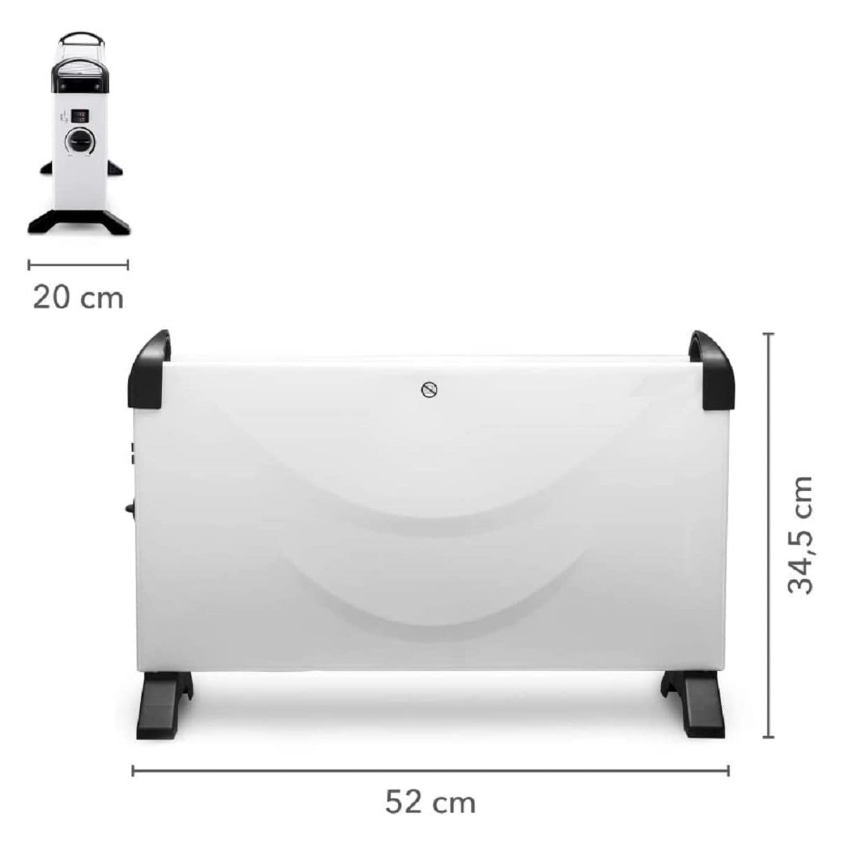 Weißer Elektroheizer mit den Maßen: 52 cm Breite, 34,5 cm Höhe und 20 cm Tiefe, mit einem Bedienfeld.