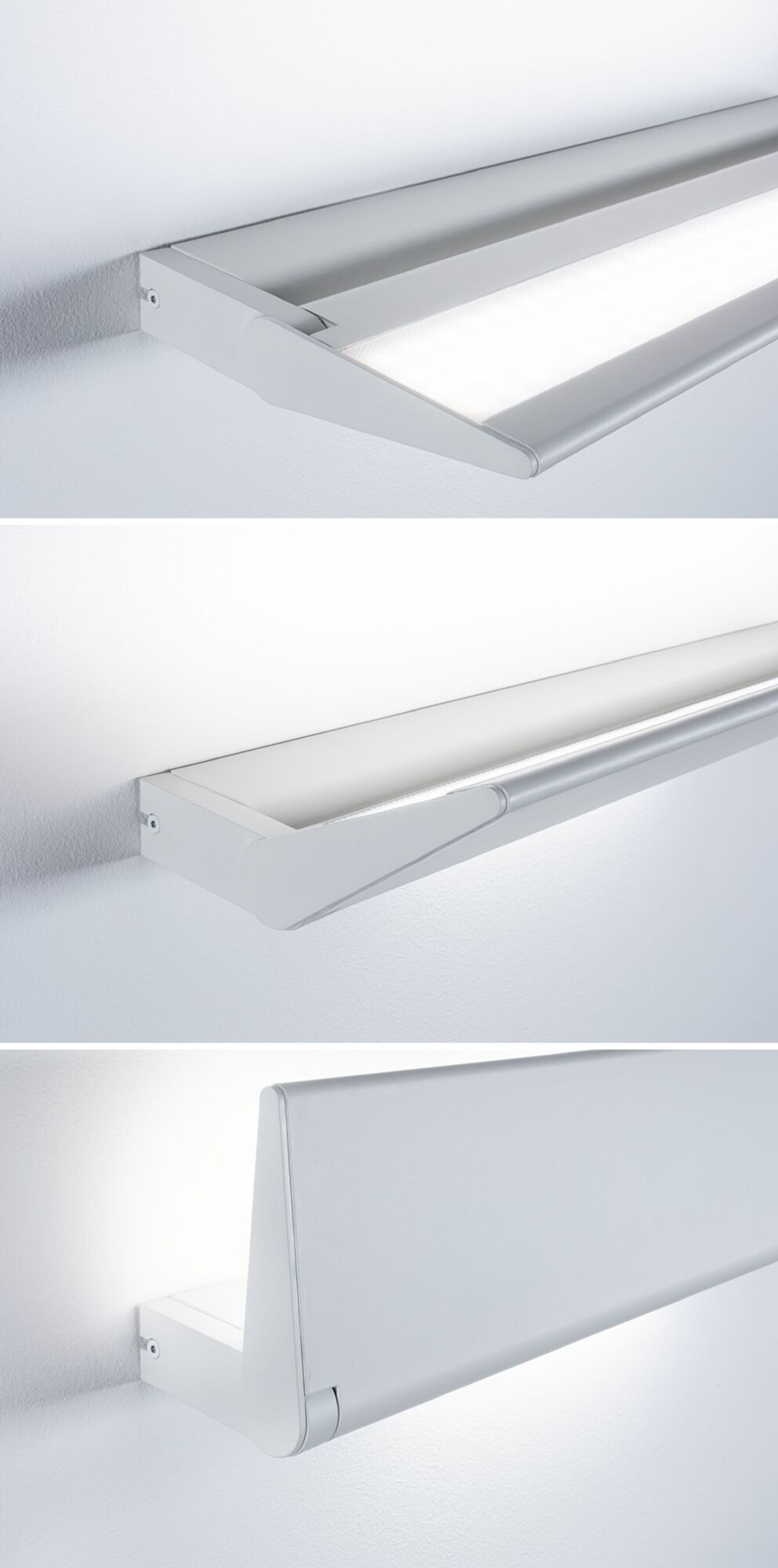Drei Ansichten einer weißen LED-Leuchte, die an einer weißen Wand montiert ist. Die Leuchte ist silberfarben.