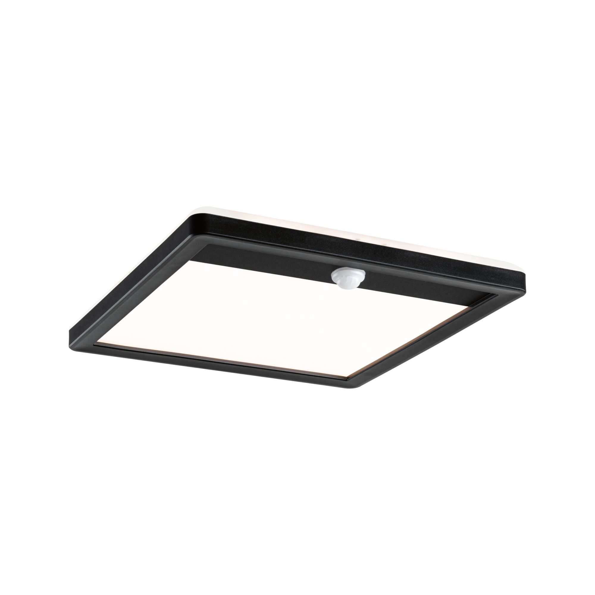 Quadratische schwarze Deckenleuchte mit weißer Mitte und Sensor.