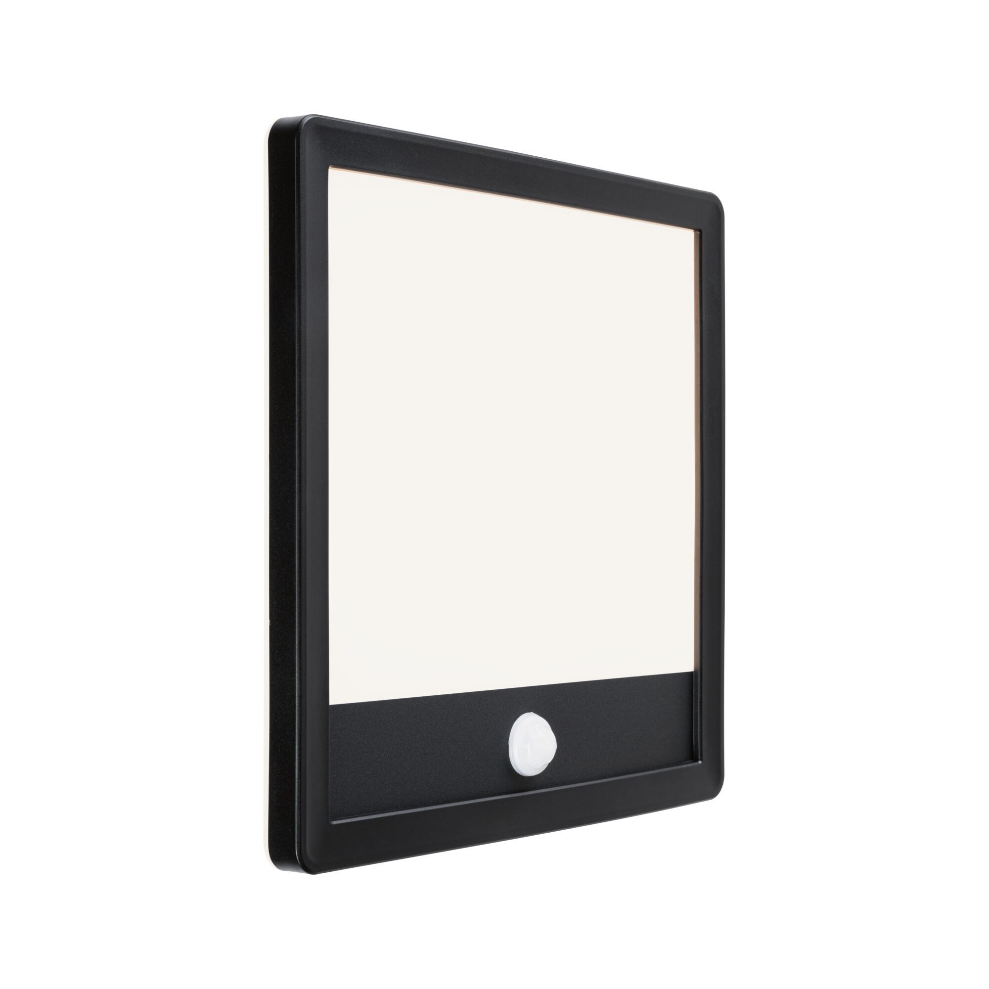 Quadratische schwarze LED-Leuchte mit weißem Panel und Bewegungssensor auf weißem Grund.
