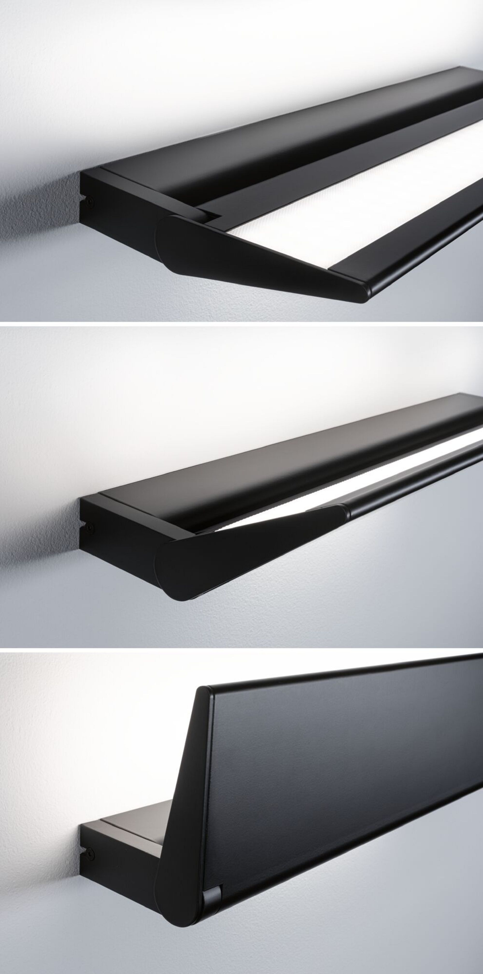 Tre viste angolate di un'apparecchio LED nero montato su una parete bianca.