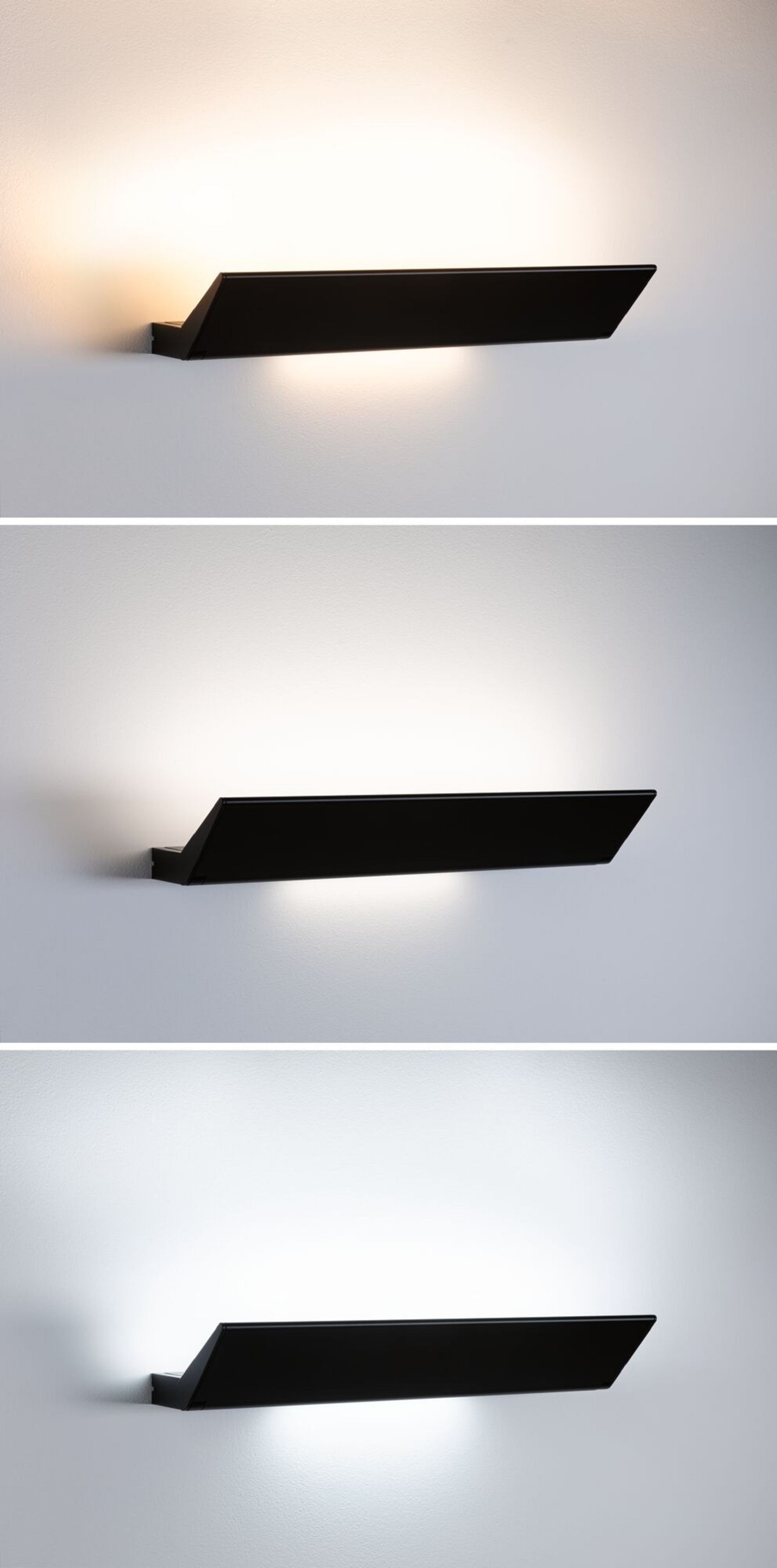 Tre immagini di una lampada da parete nera che emette luce.