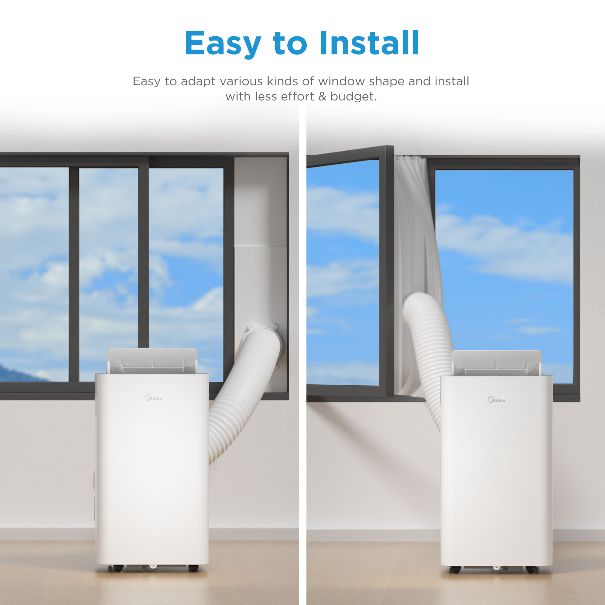 Due immagini mostrano un condizionatore portatile bianco installato in una finestra con un tubo bianco.