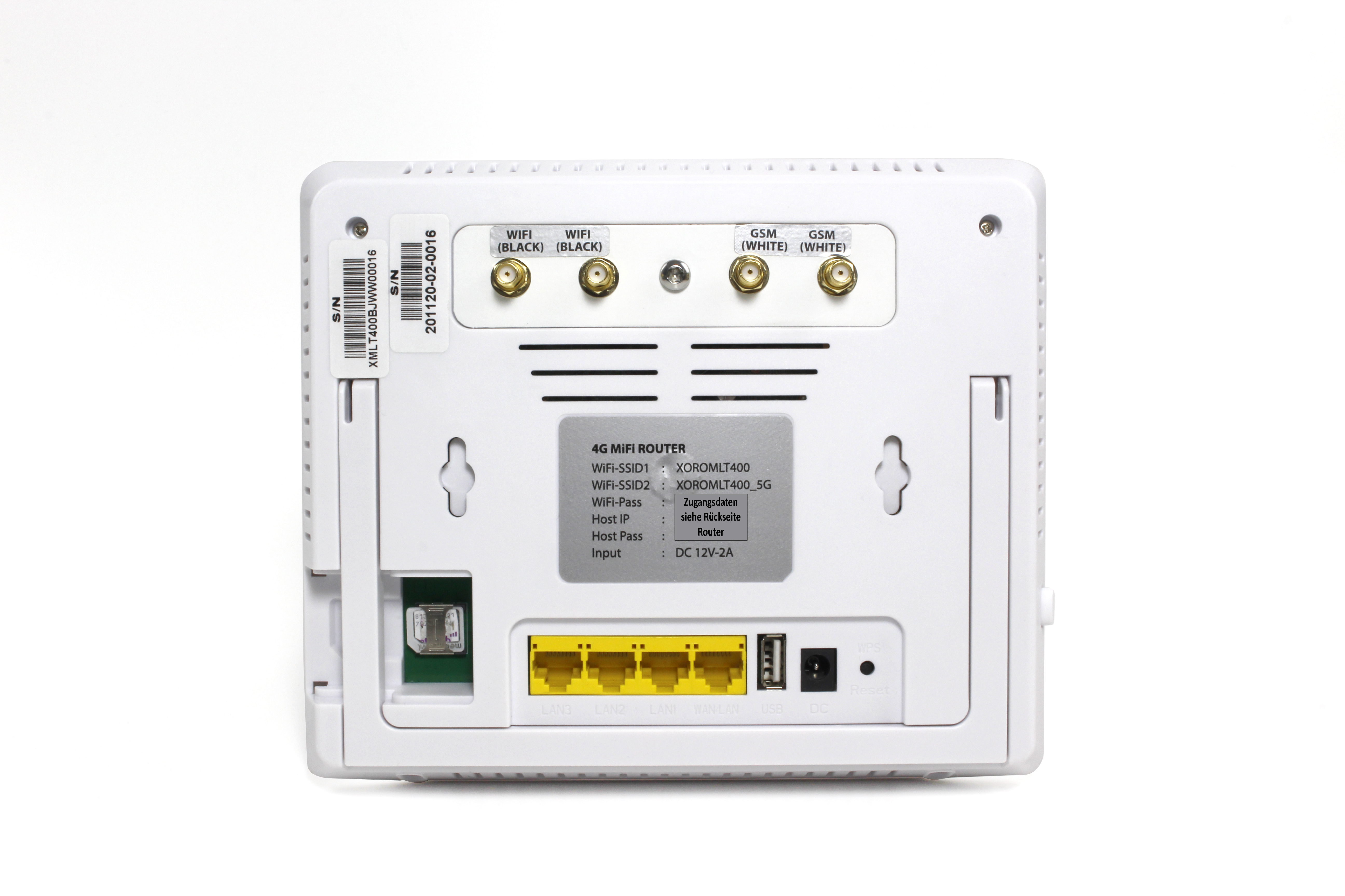 Rückansicht eines weißen 4G WiFi Routers mit Anschlüssen und Antennen.