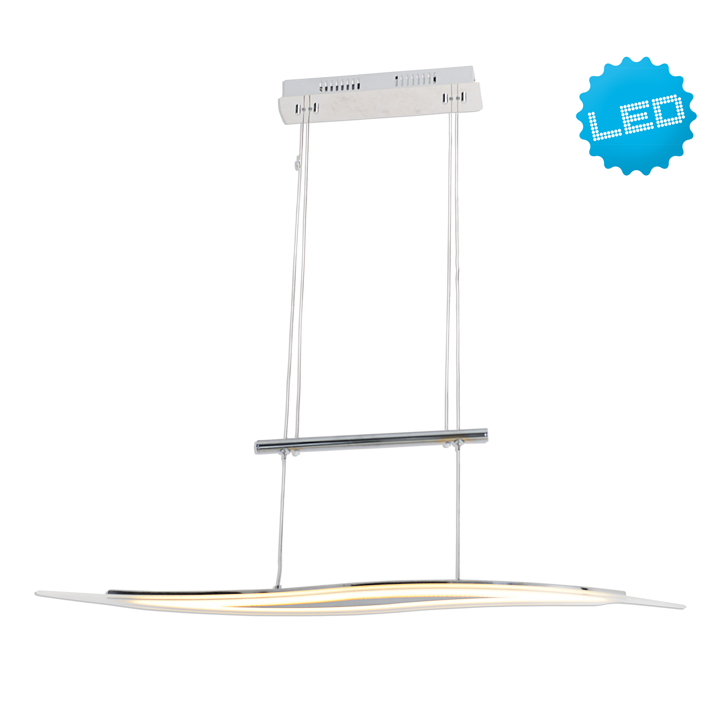 Eine moderne, silberne LED-Pendelleuchte, die von der Decke hängt.