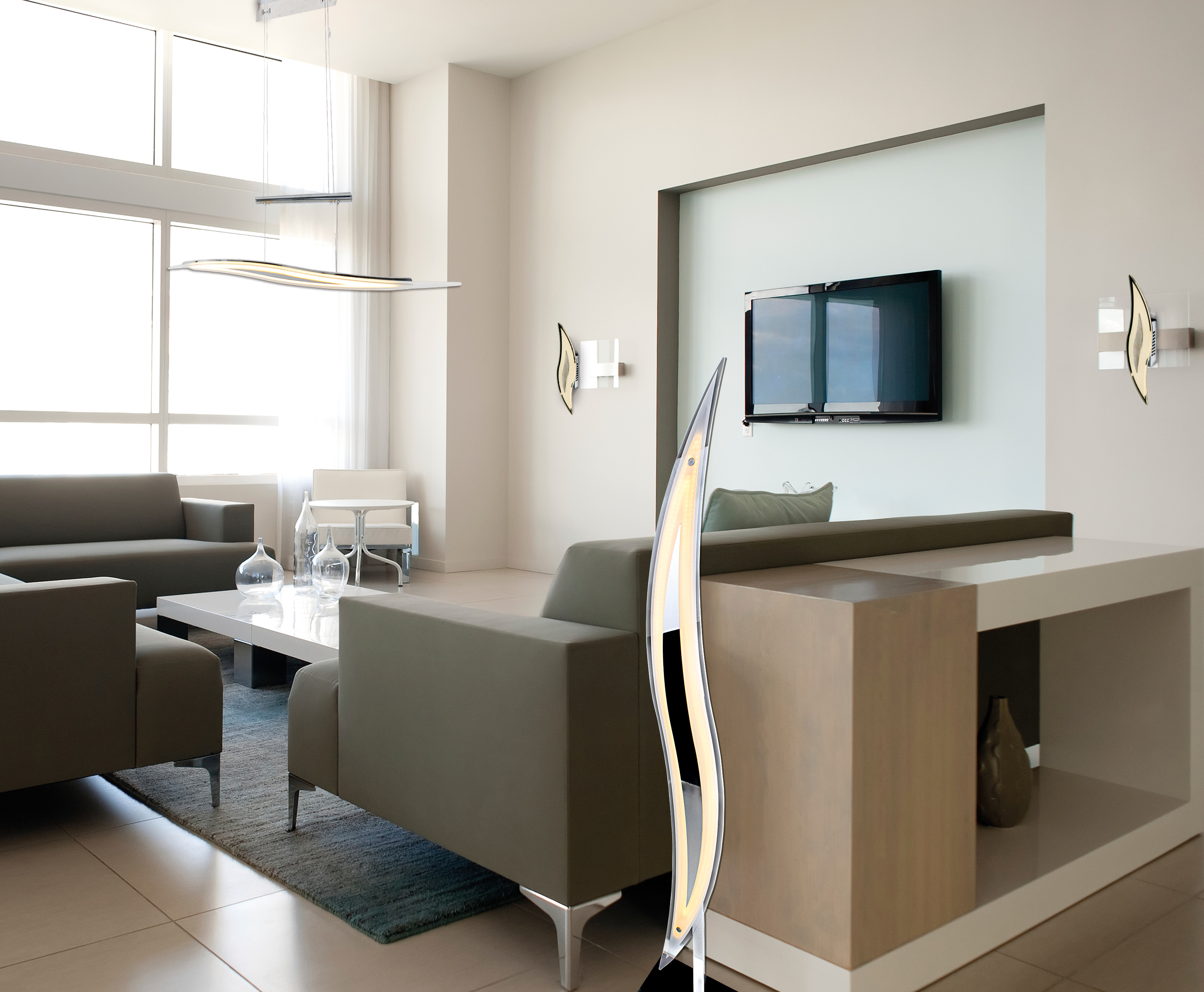 Modernes Wohnzimmer mit grauen Möbeln, Kunst und einem Wand-TV.