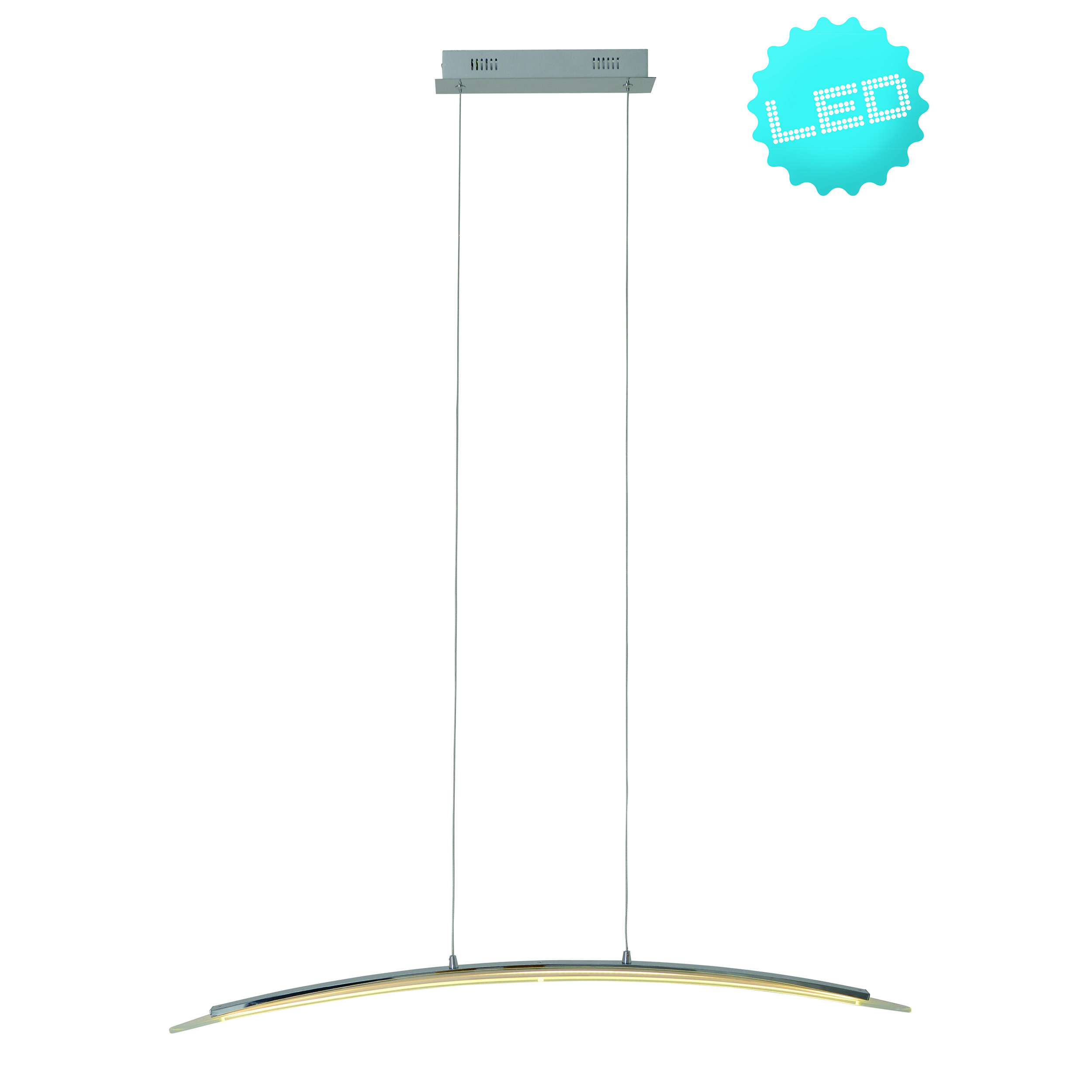 Schlanke, silberne LED-Pendelleuchte. Gebogenes Design mit dünnen Kabeln.
